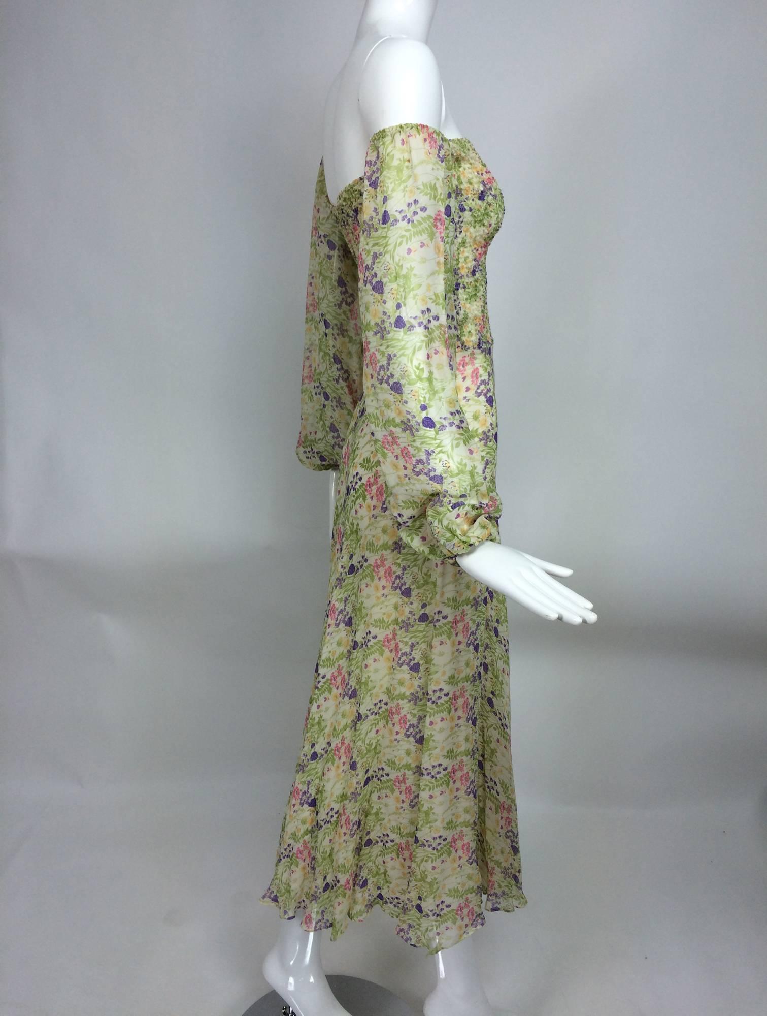 Vintage Judy Hornby London floral chiffon shirred bodice dress 1970s 3