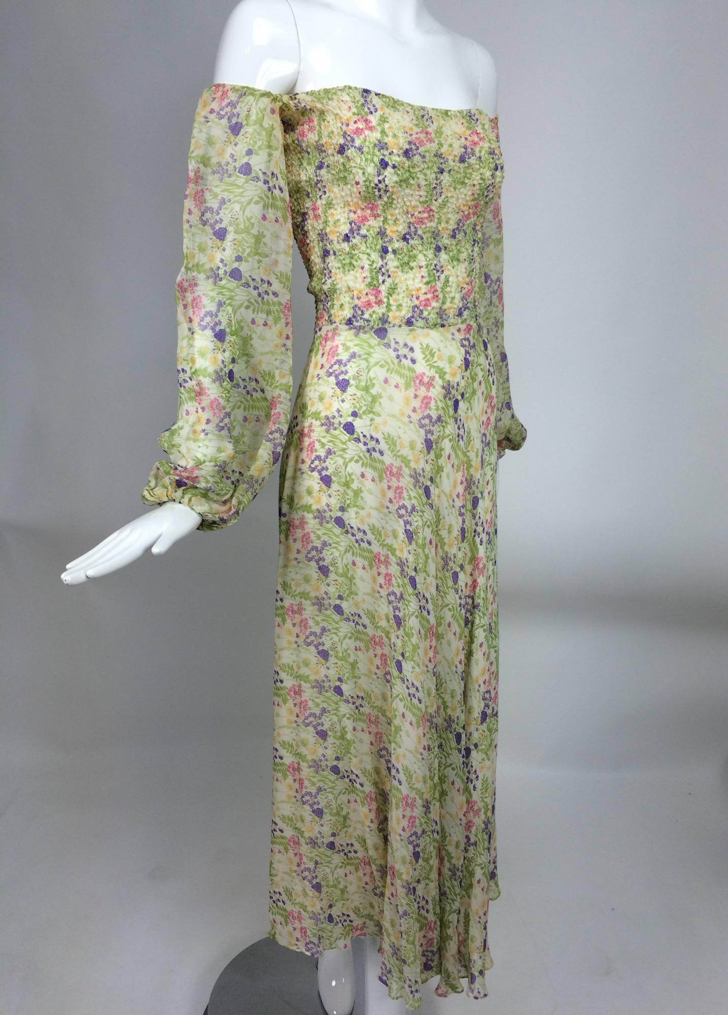 Vintage Judy Hornby London floral chiffon shirred bodice dress 1970s 4