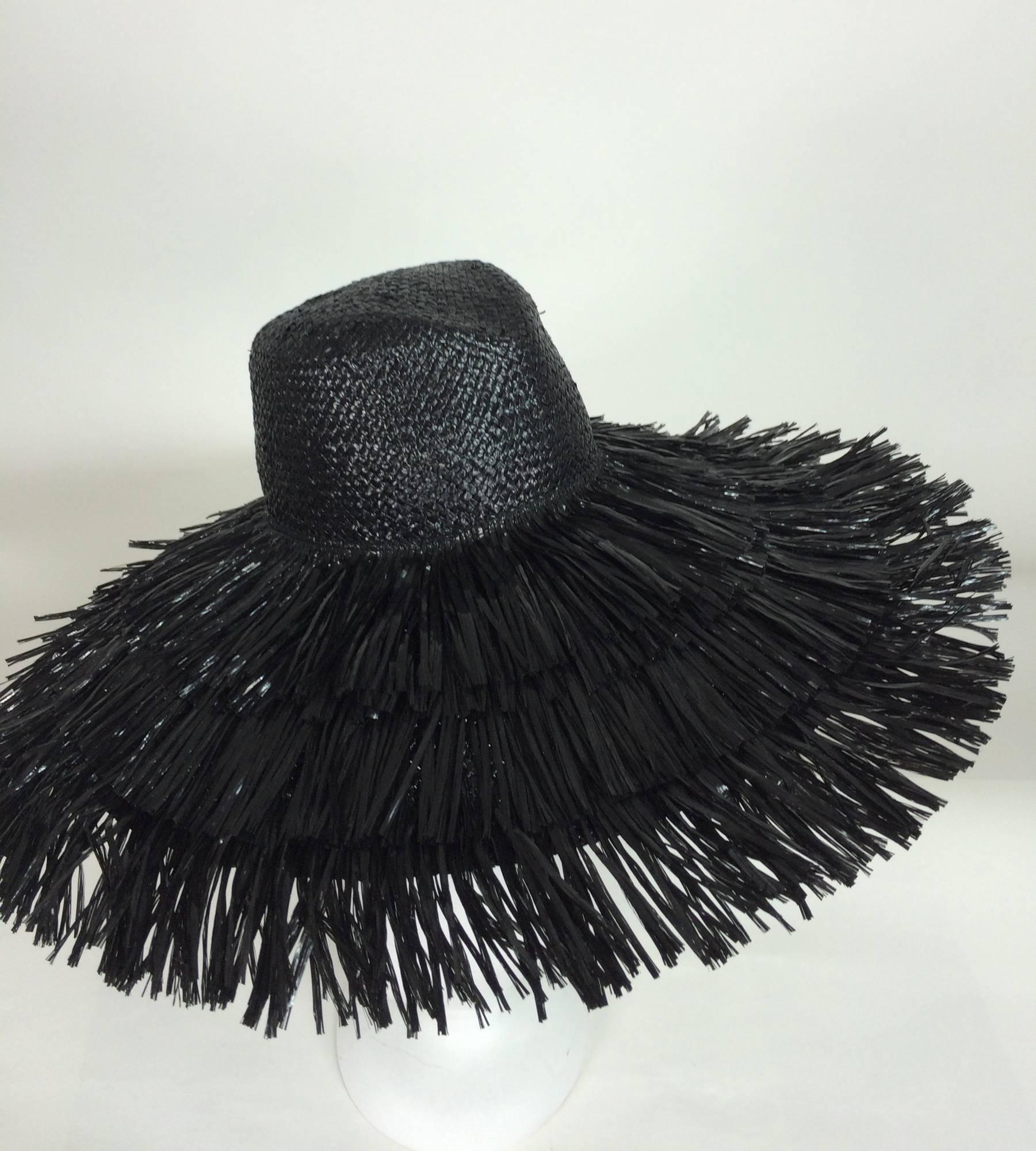 Black Vintage Eric Javits glazed black straw shaggy finge wide brim hat 1980s unworn