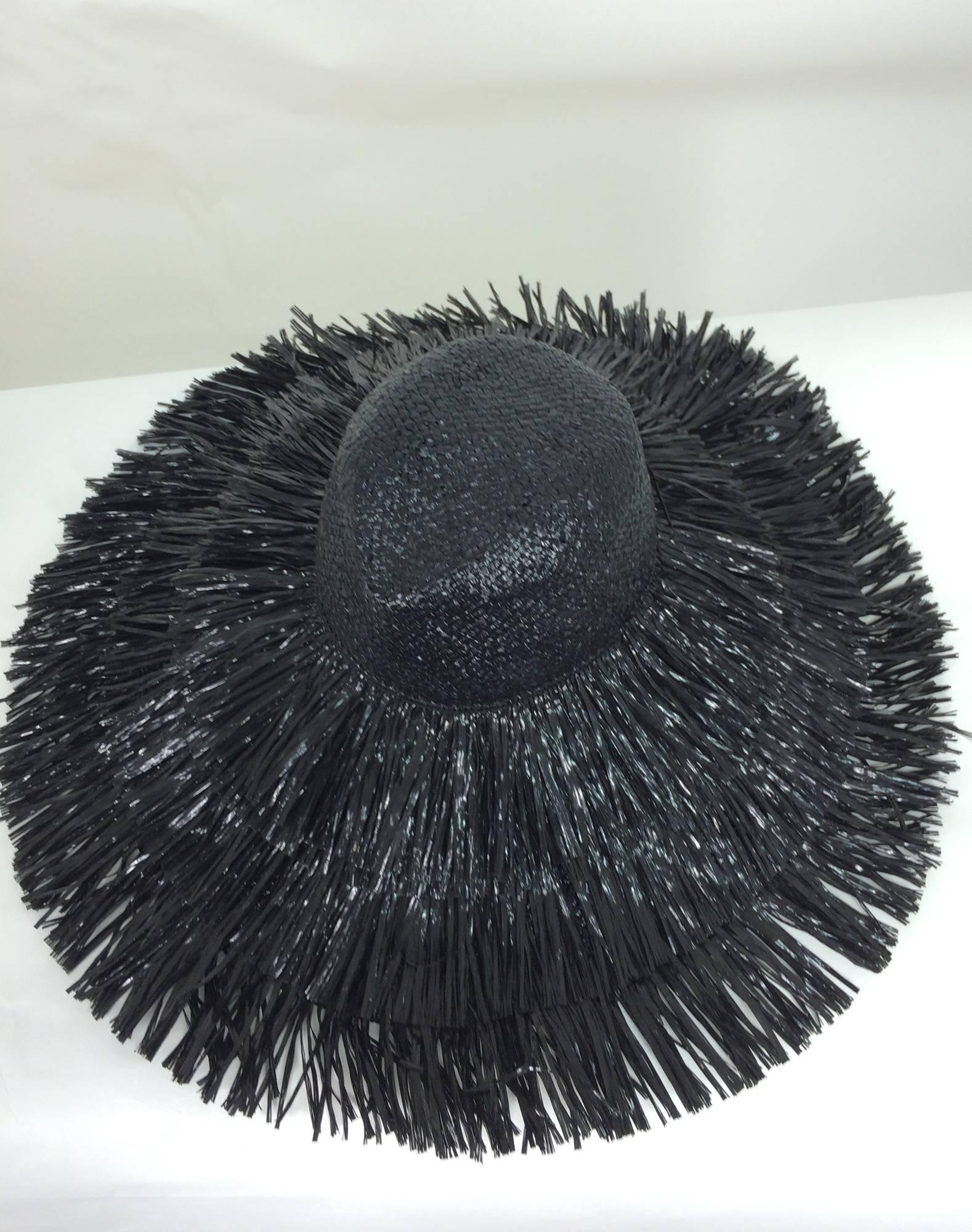 Vintage Eric Javits glazed black straw shaggy finge wide brim hat 1980s unworn In New Condition In West Palm Beach, FL