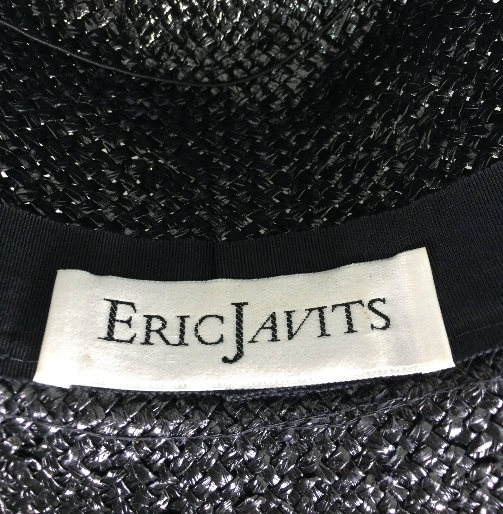 Women's Vintage Eric Javits glazed black straw shaggy finge wide brim hat 1980s unworn
