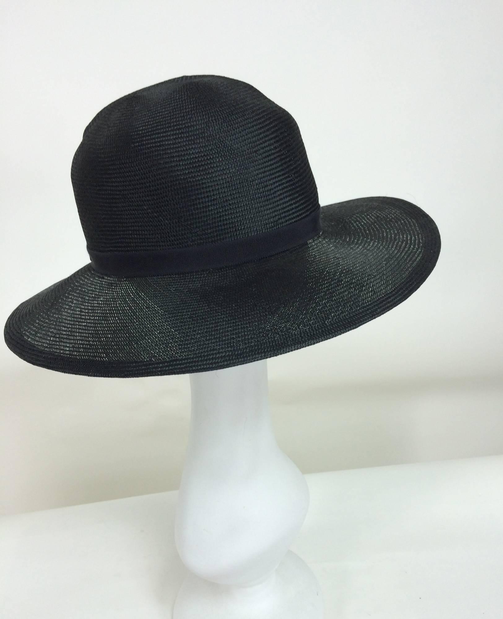 Black Vintage Galanos fine woven black straw fedora hat 1960s