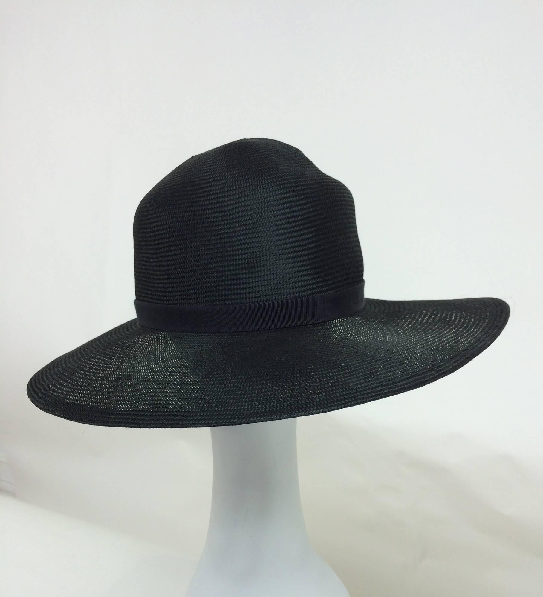Vintage Galanos fine woven black straw fedora hat 1960s In Excellent Condition In West Palm Beach, FL