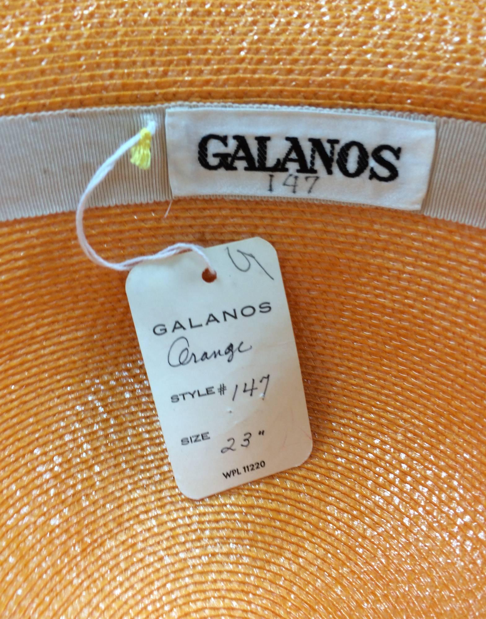 Vintage Galanos Orange glazed straw wide brim hat 1960s In New Condition In West Palm Beach, FL