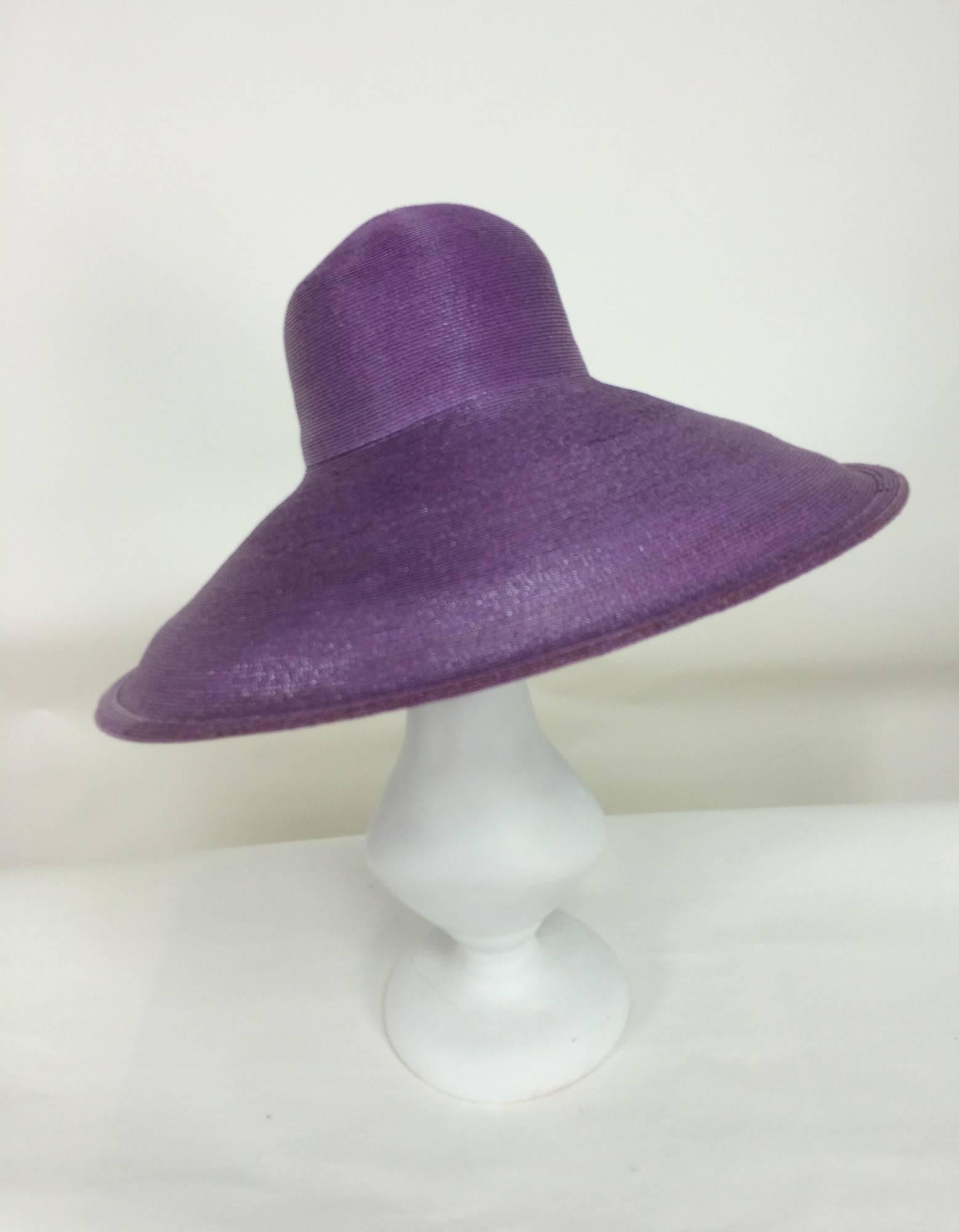   Vintage Galanos purple glazed straw wide brim hat 1960s unworn In New Condition In West Palm Beach, FL
