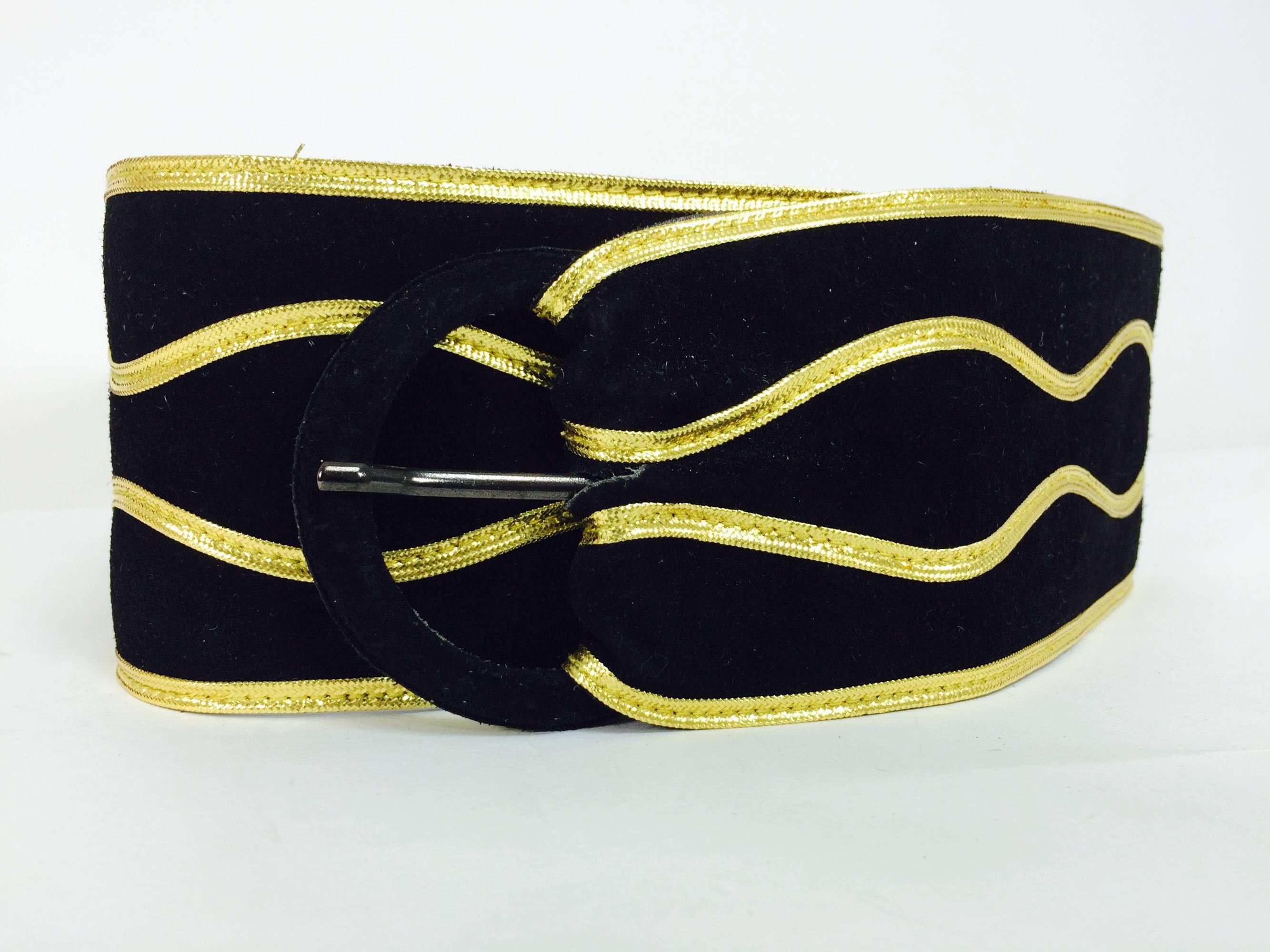 Vintage Yves Saint Laurent wide black suede with gold cord belt 1980s medium...A beautiful belt in well cared for condition...Black suede with gold cord applique and 1/2 round black suede buckle, black leather on the inside...Marked Yves Saint
