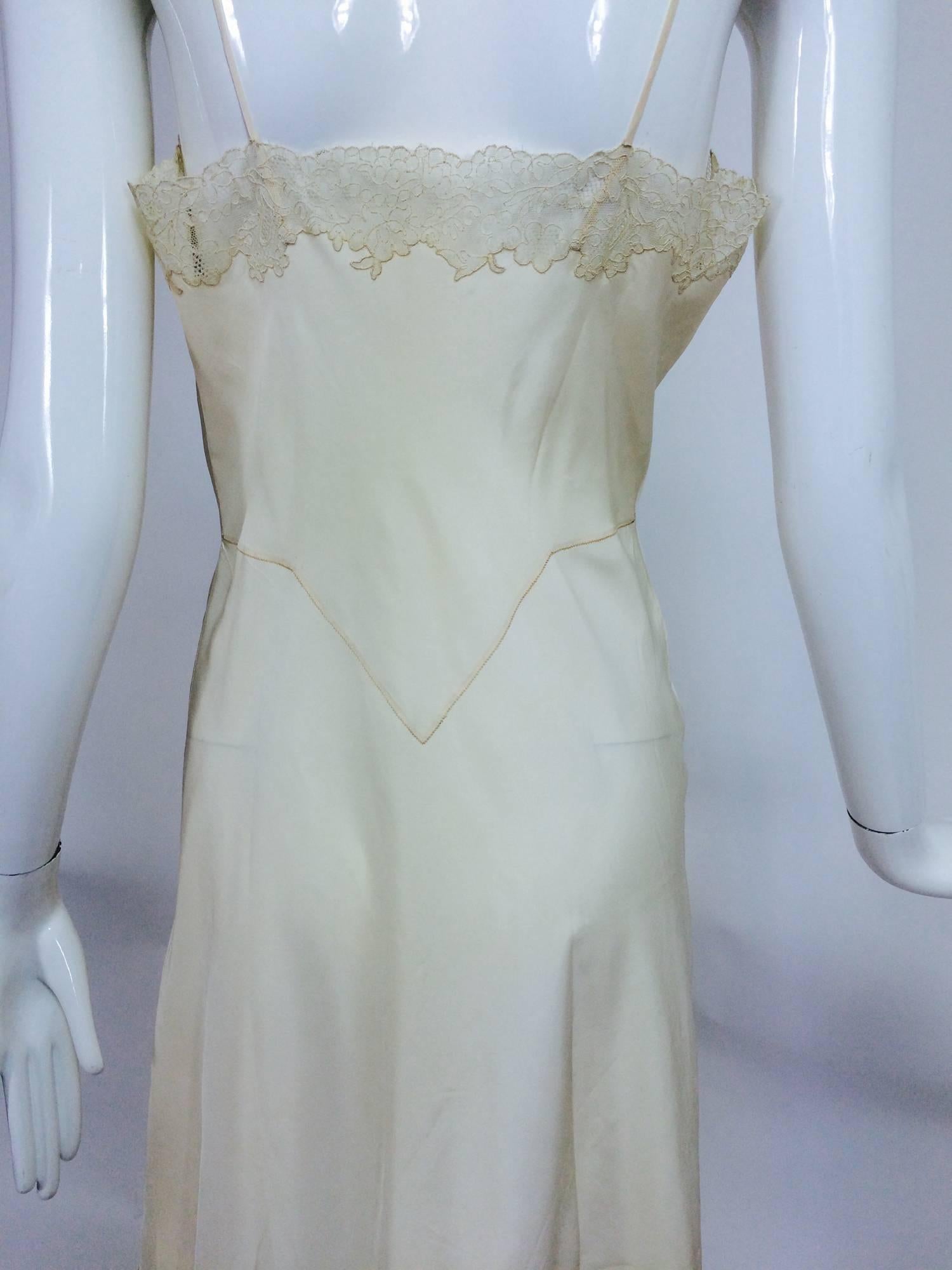 Beige vintage French hand made embroidered champagne silk & lace slip 1950s