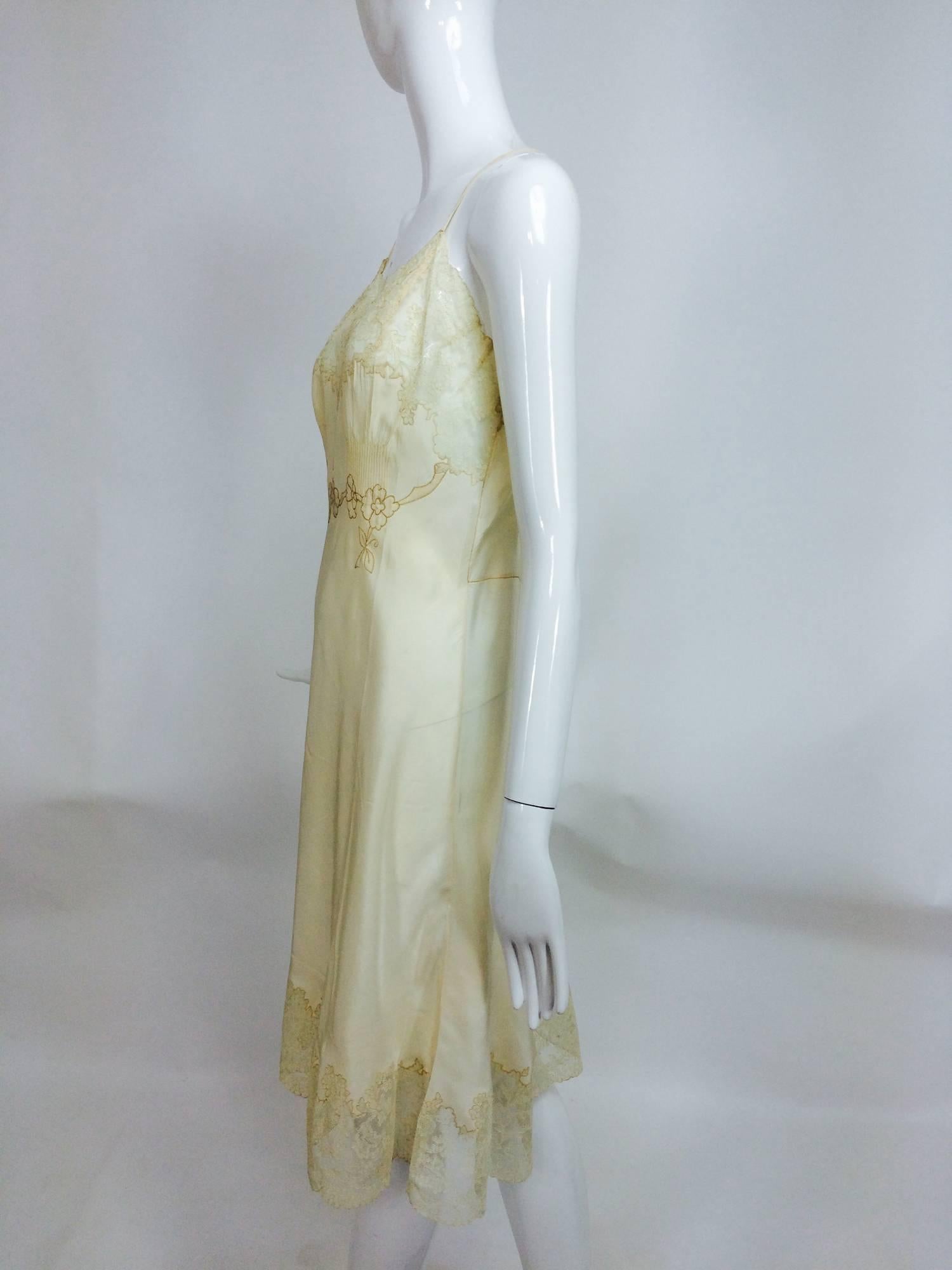 Women's vintage French hand made embroidered champagne silk & lace slip 1950s