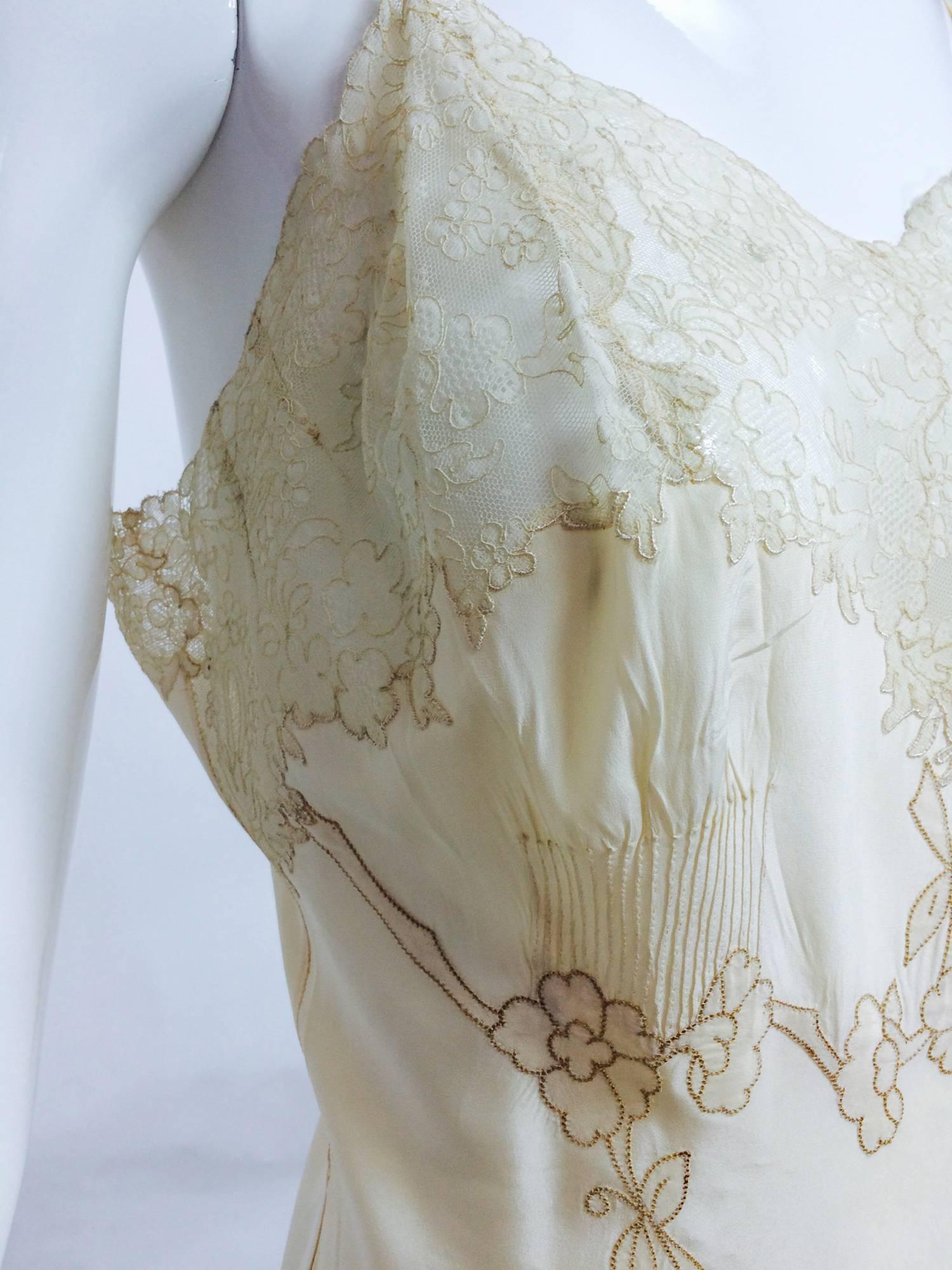 vintage French hand made embroidered champagne silk & lace slip 1950s 1