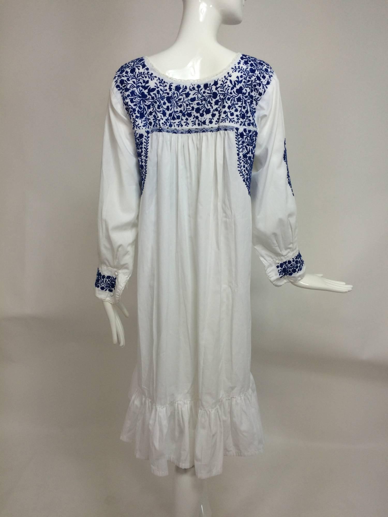 Gray 1960s blue & white embroidered Oaxacan Mexican wedding dress vintage