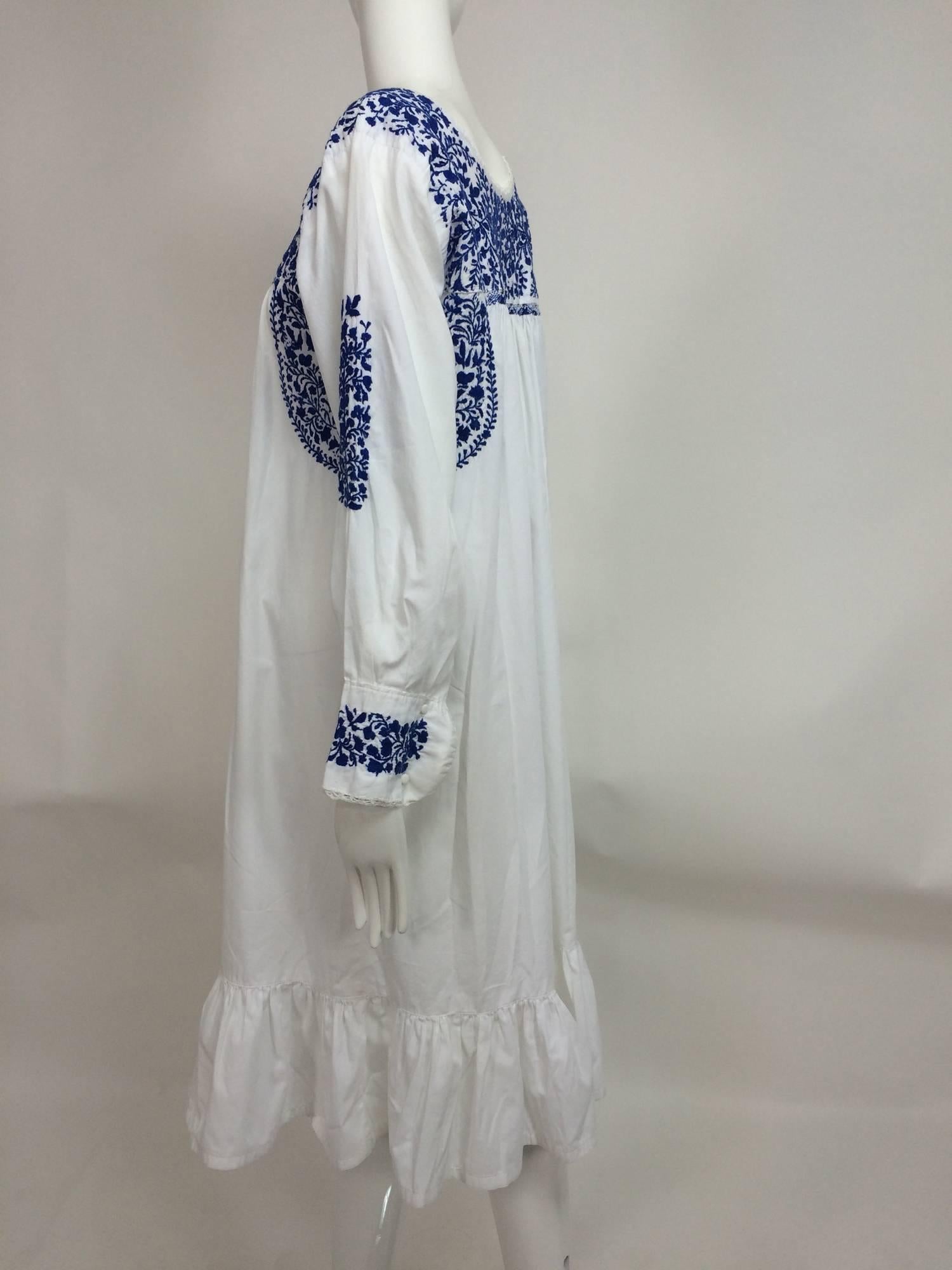 Women's 1960s blue & white embroidered Oaxacan Mexican wedding dress vintage