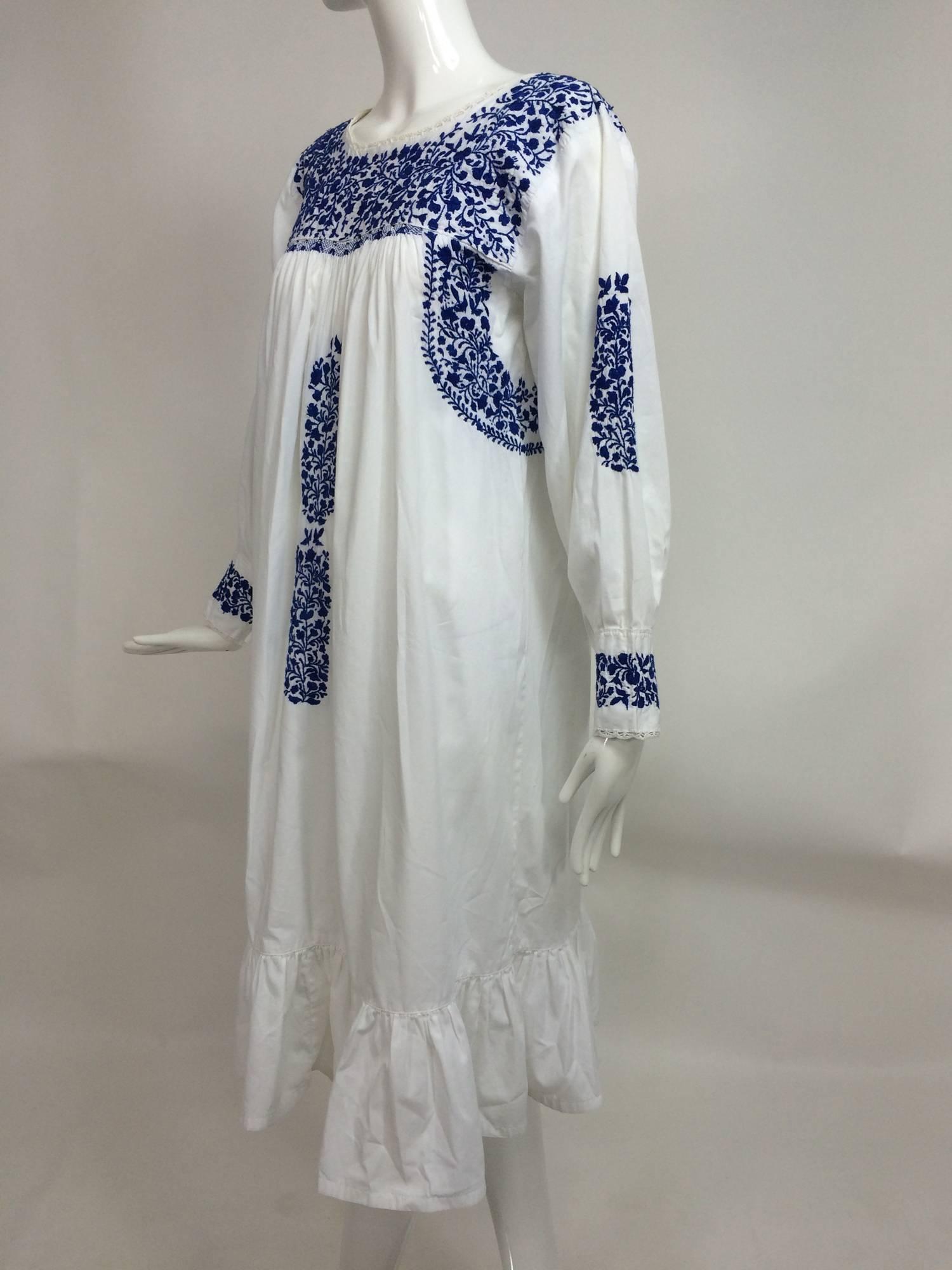 1960s blue & white embroidered Oaxacan Mexican wedding dress vintage 1
