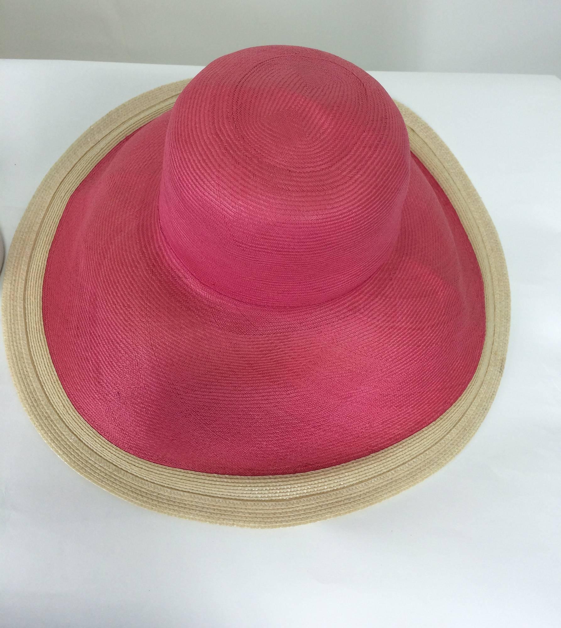 Pink Eric Javits pink & natural fine straw wide brim hat