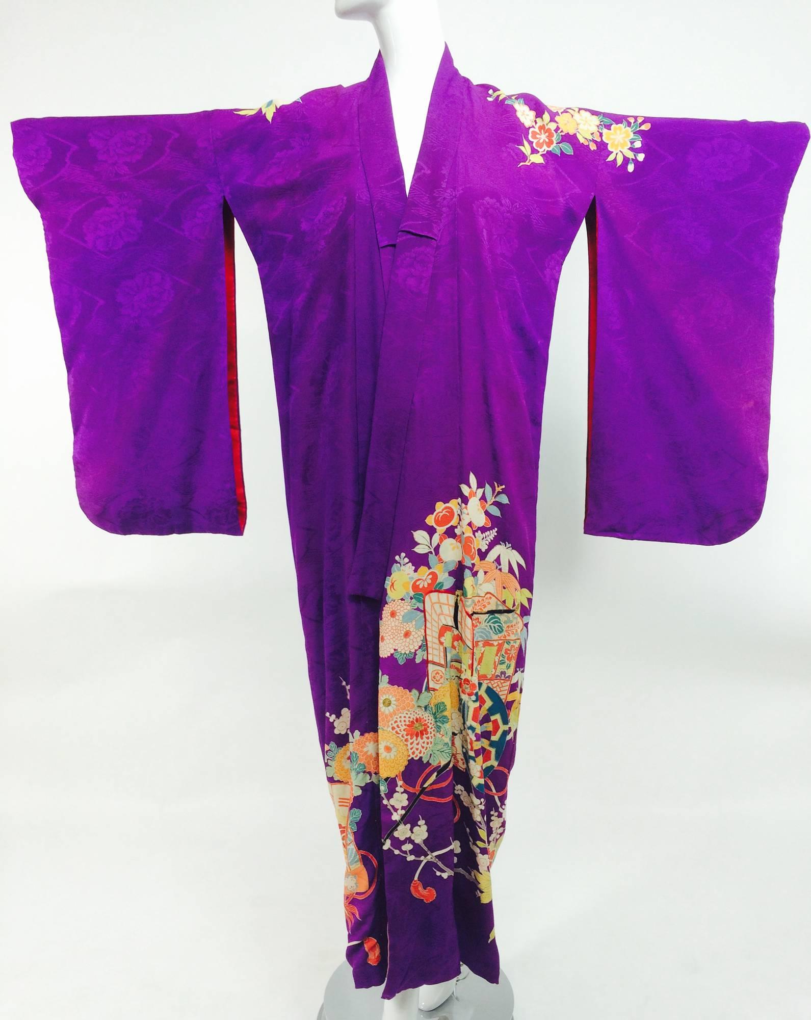 Pre WWII embroidered figured purple silk crepe kimono printed with chrysanthemums, peonies, bamboo leaves a beautiful parasol with tassels, some outlined in gold paint and red & gold embroidery...Fully lined in red tissue silk...With a peach silk