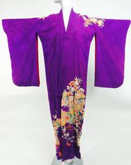 Pre WWII embroidered figured purple silk crepe floral Japanese kimono 1930s