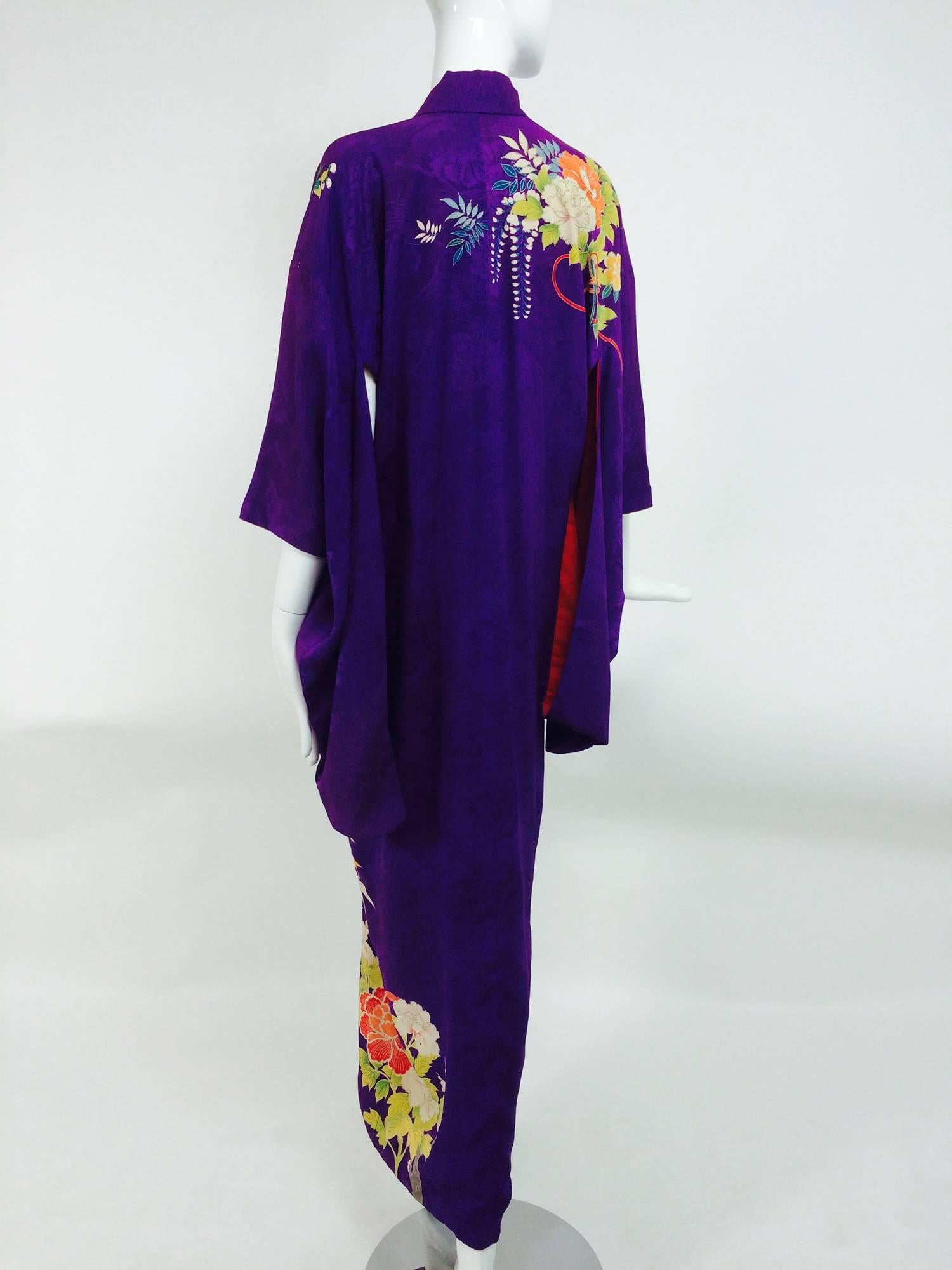 Pre WWII embroidered figured purple silk crepe floral Japanese kimono 1930s 1