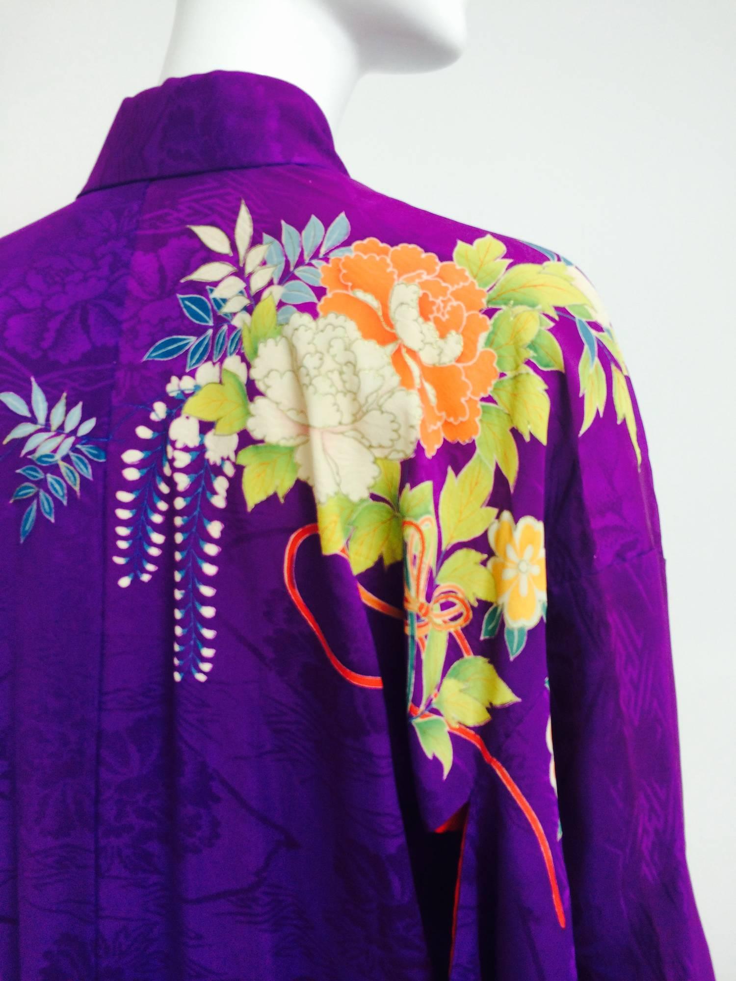 Pre WWII embroidered figured purple silk crepe floral Japanese kimono 1930s 3