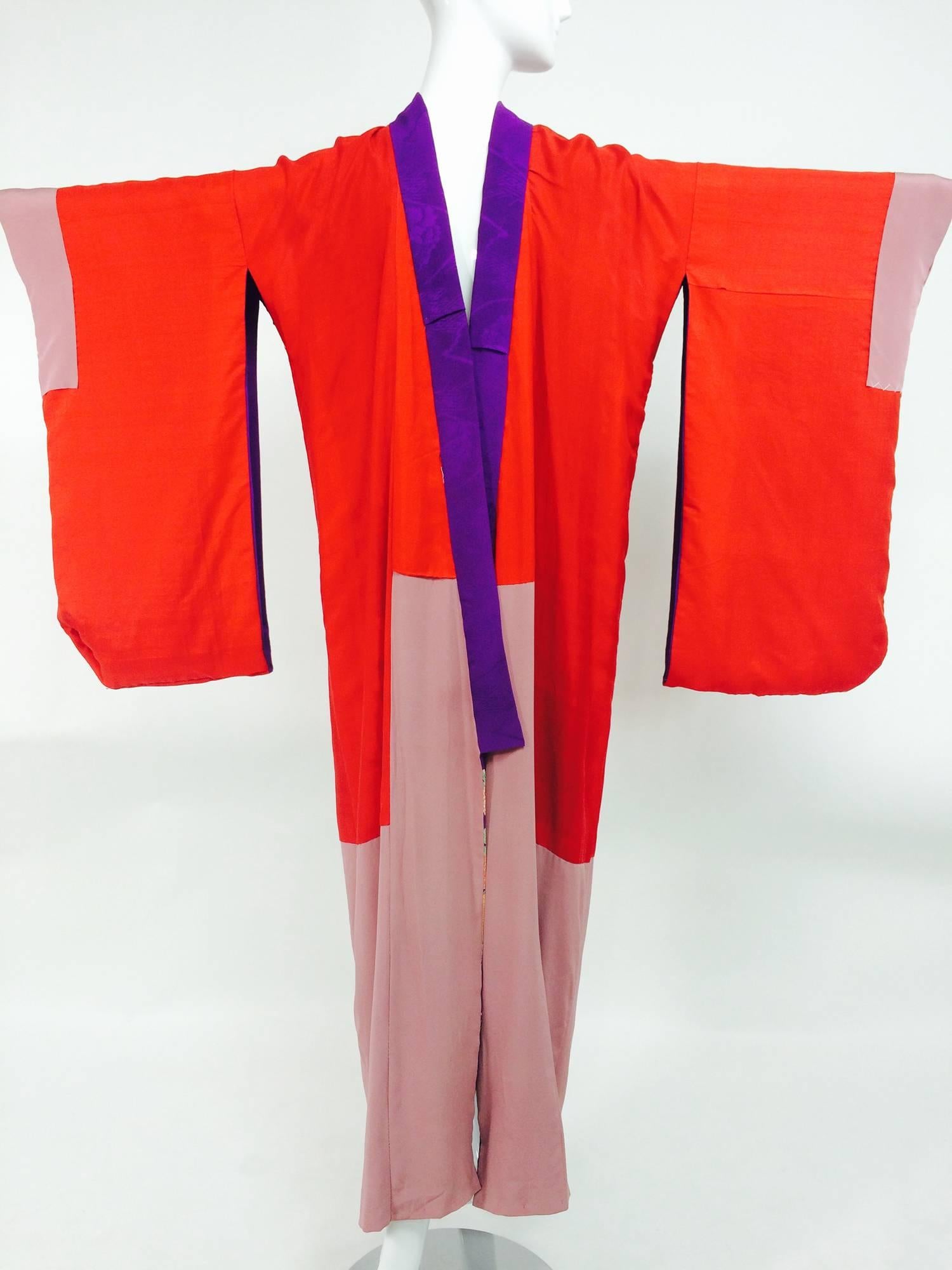 Pre WWII embroidered figured purple silk crepe floral Japanese kimono 1930s 4