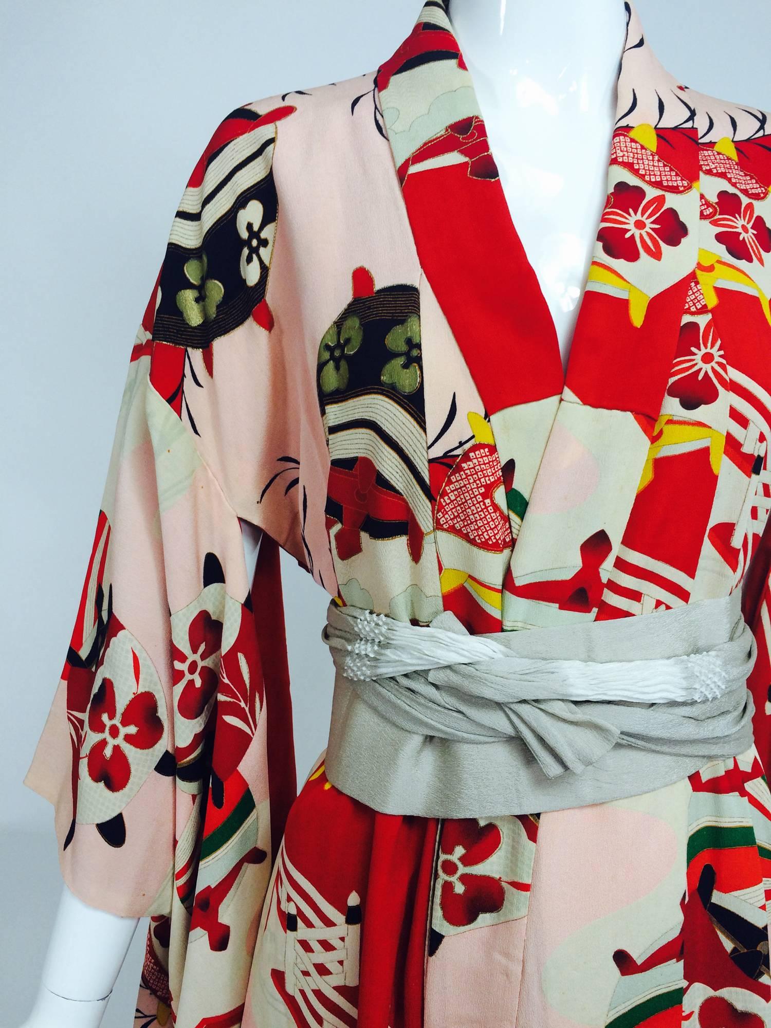 Pre WWII red and pink silk crepe Japanese Kimono 1930s 1