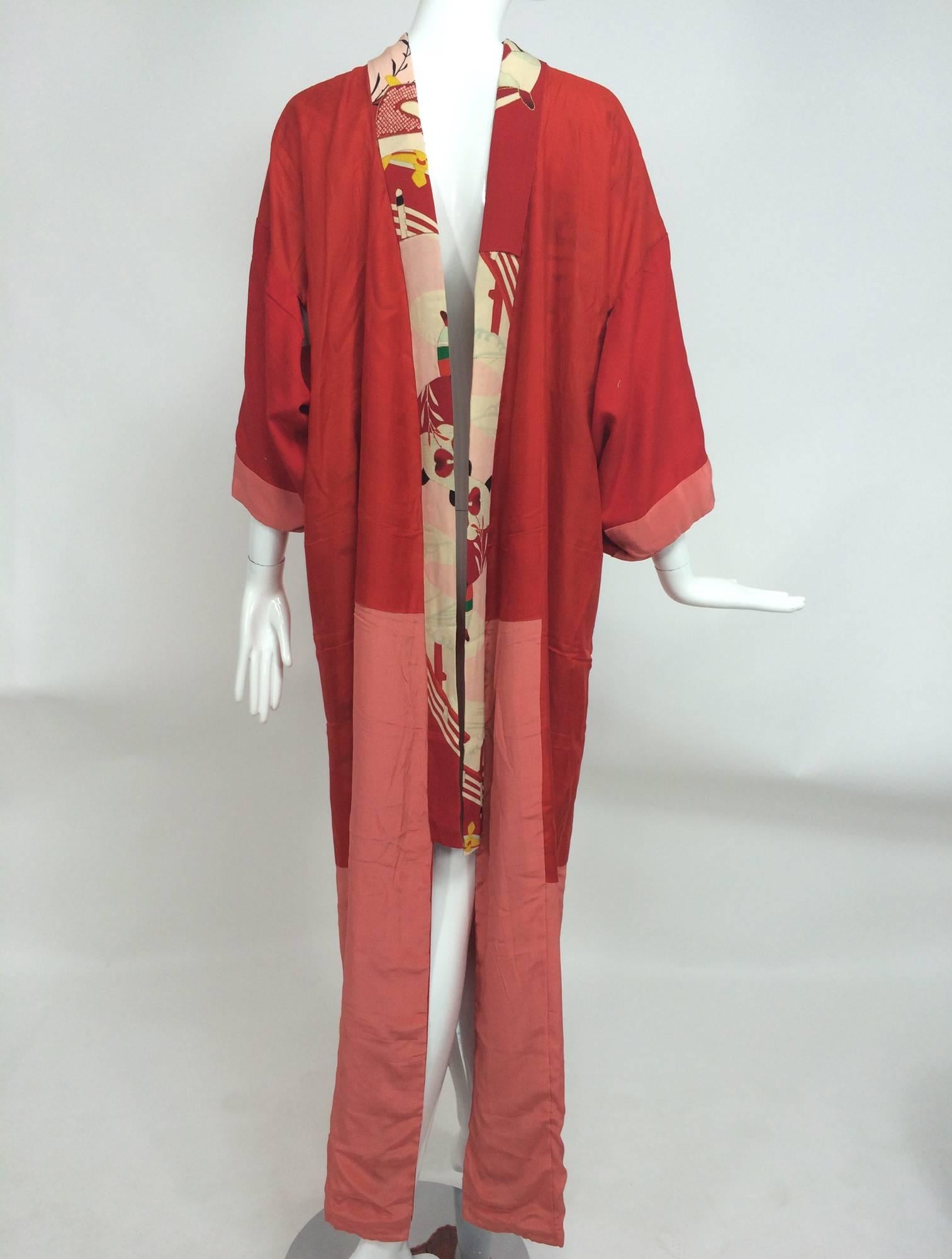 Pre WWII red and pink silk crepe Japanese Kimono 1930s 2