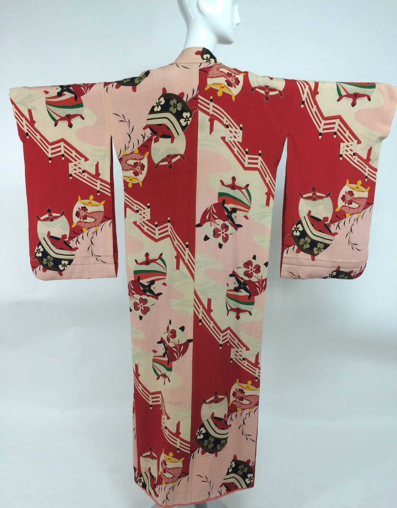 Pre WWII red and pink silk crepe Japanese Kimono 1930s 4
