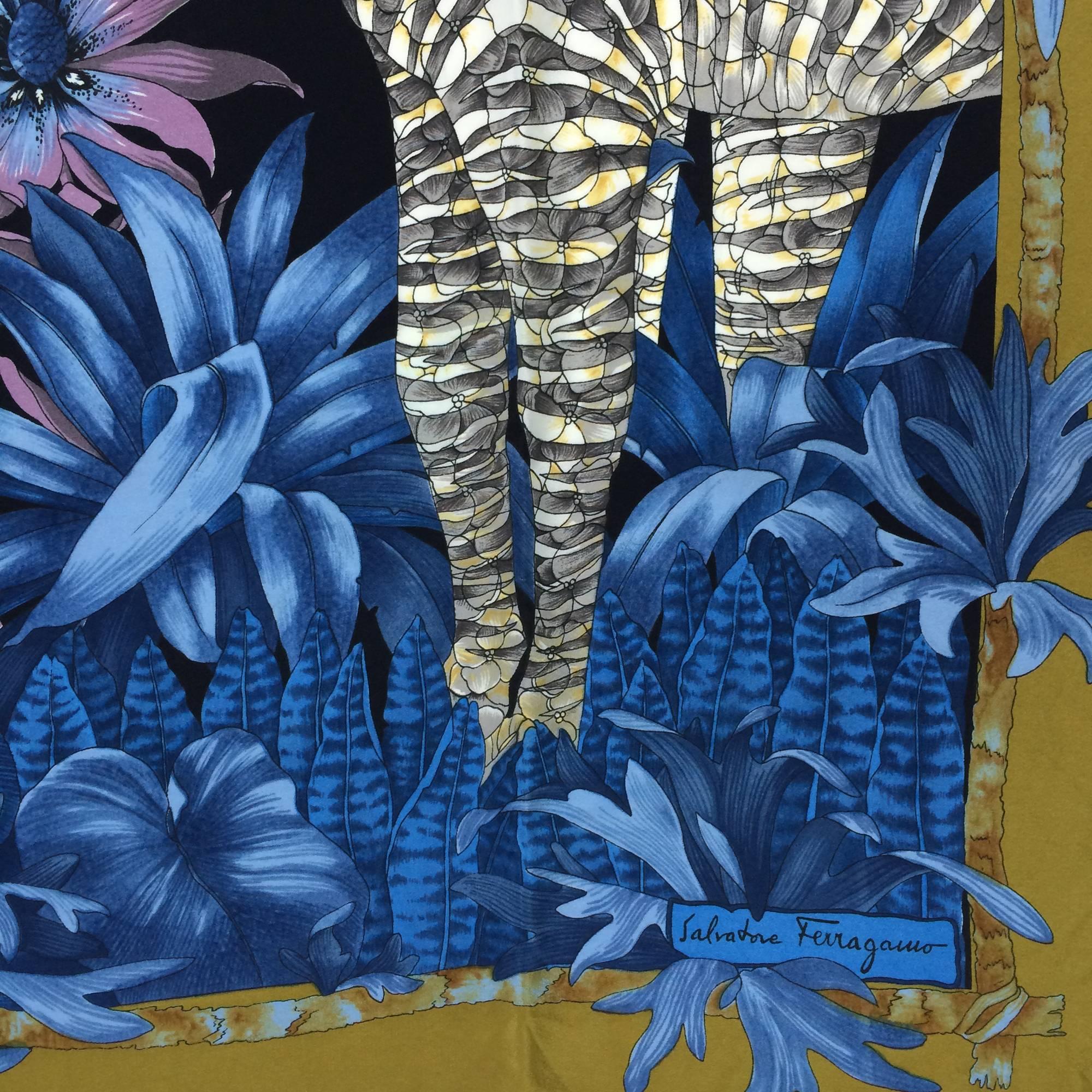 Vintage Ferragamo blue jungle silk scarf Lions & Zebras 1980s In Excellent Condition In West Palm Beach, FL