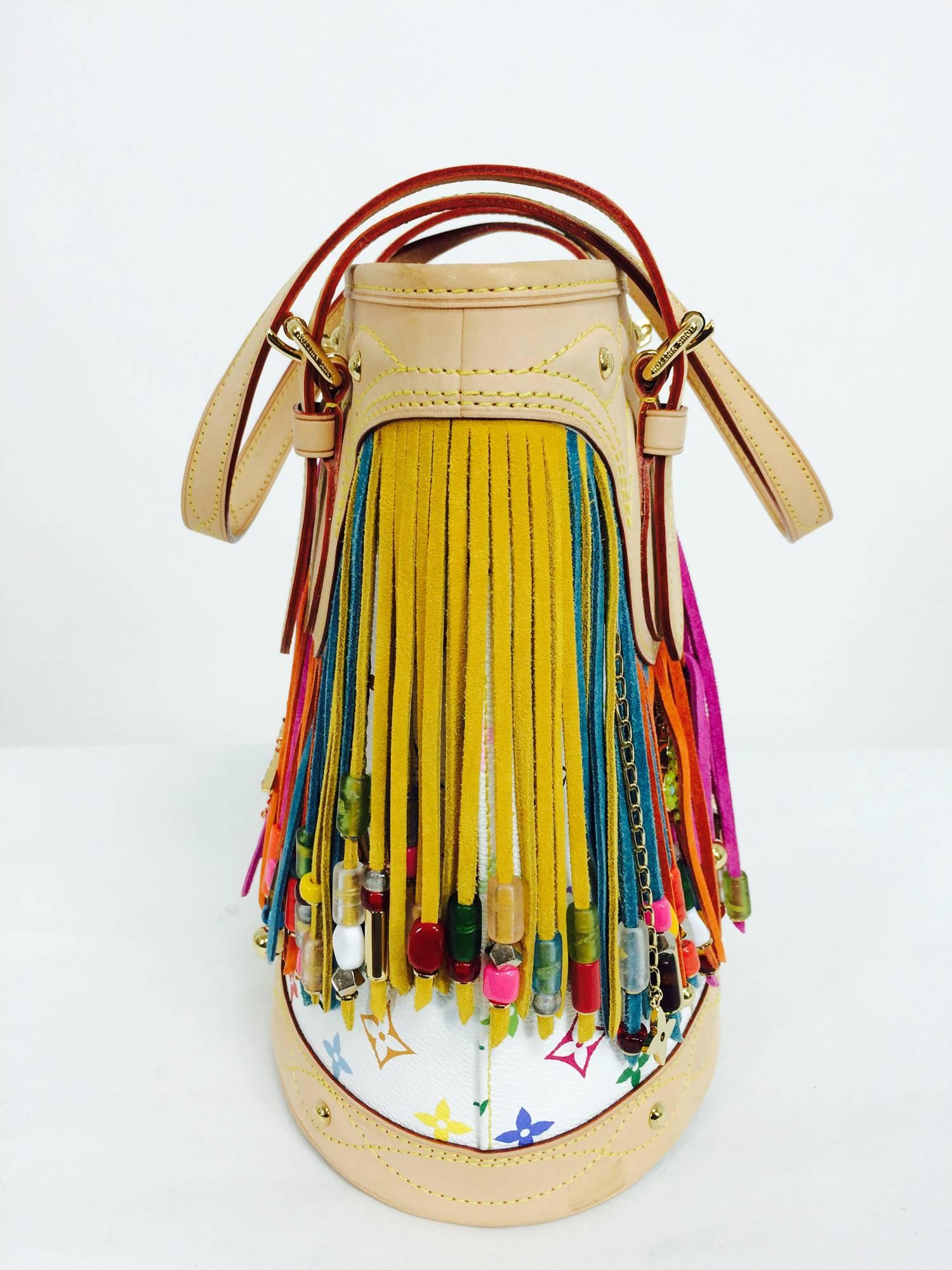 Louis Vuitton Multicolore Fringe Bucket Bag designed by Takashi Murakami 2006 in white monogram canvas with brightly coloured suede fringe & jeweled LV logo charms...Natural Vachetta leather trim and handles...Gold hardware and adjustable buckles at