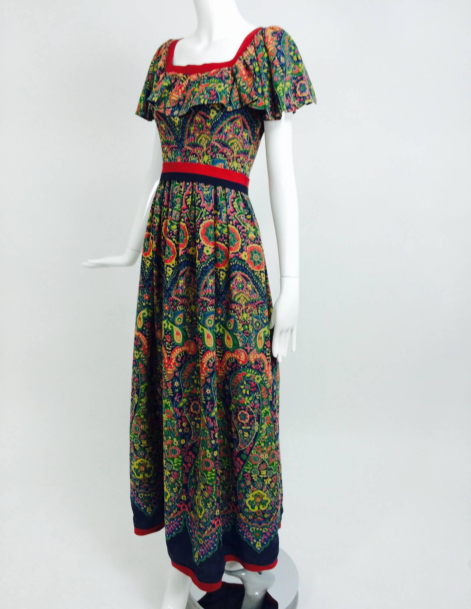 Black Vintage Mollie Parnis floral gauze ruffle shoulder maxi dress 1960s