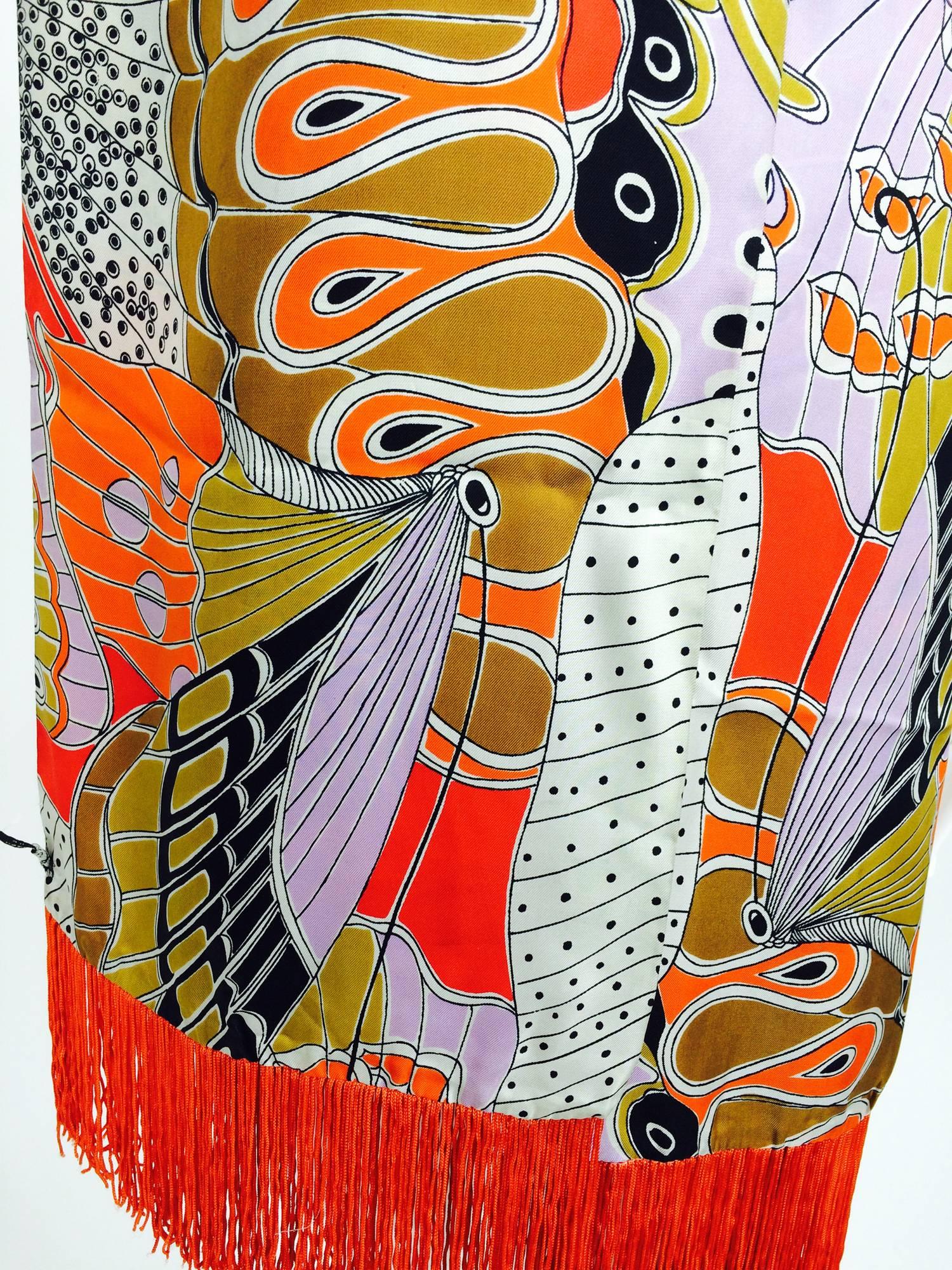 Vintage Doro wide & long 100% silk fringe graphic butterfly scarf 1960s In Excellent Condition In West Palm Beach, FL