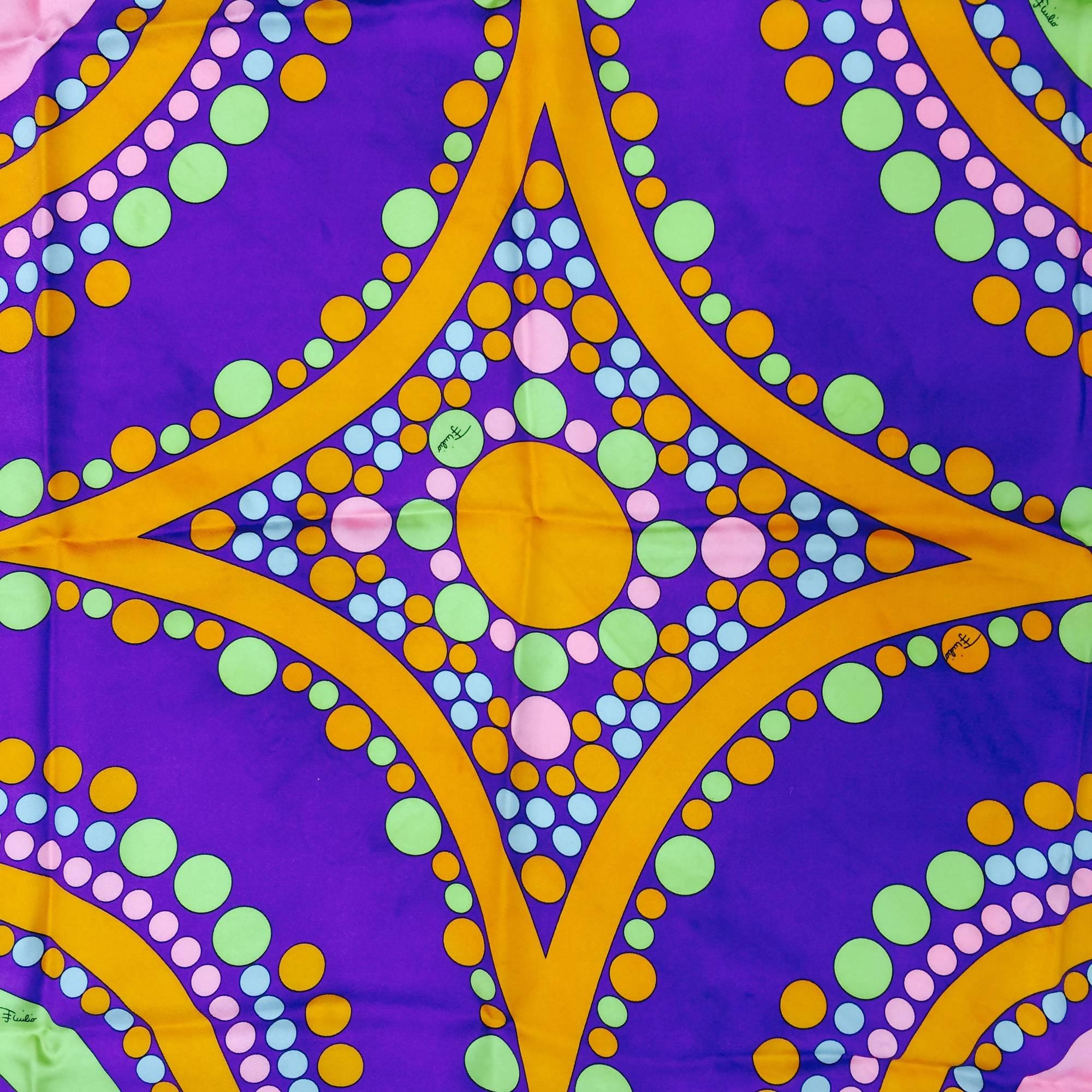 Emilio Pucci bright dots silk scarf...Purple, yellow, orange, pink & white assorted dots in assorted configurations...Hand rolled edge...
Measurements are
34