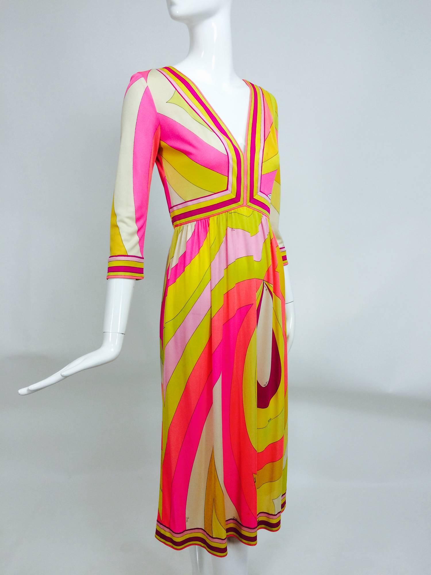 Vintage Emilio Pucci pink & citron Silk jersey dress 1960s...Amazing dress with brilliant colours and design, the best of what we all love about vintage pucci! Deep V neckline, 3/4 length sleeves, the bodice is fitted with a high waist and a