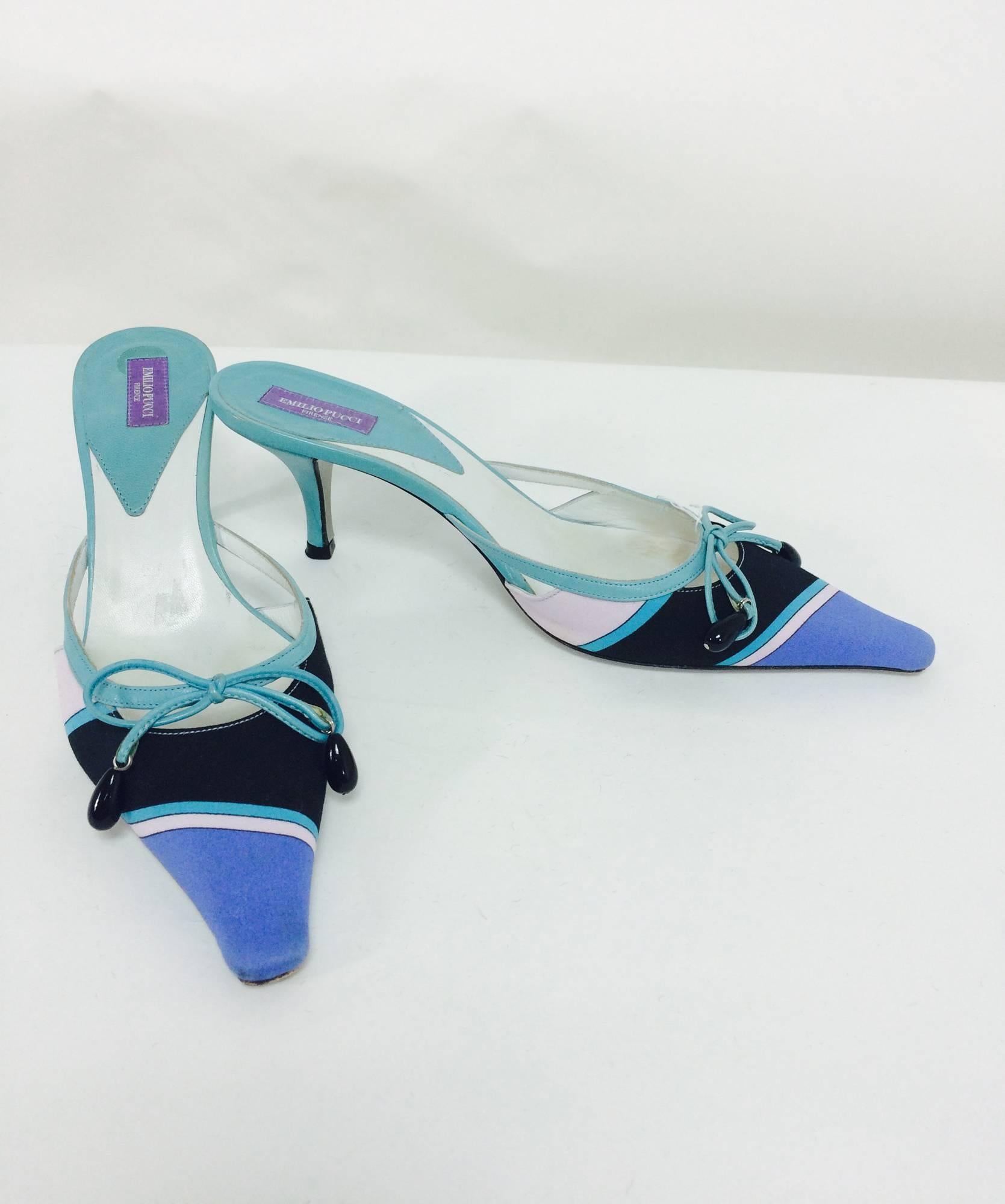 Pucci blue & aqua silk print bow & bead front high heel mules 36 1/2 ...Turquoise leather trims and heels, bow tie with black bead trim...Marked size 36 1/2 width is on the narrow side of medium...In nice pre owned condition with little wear.