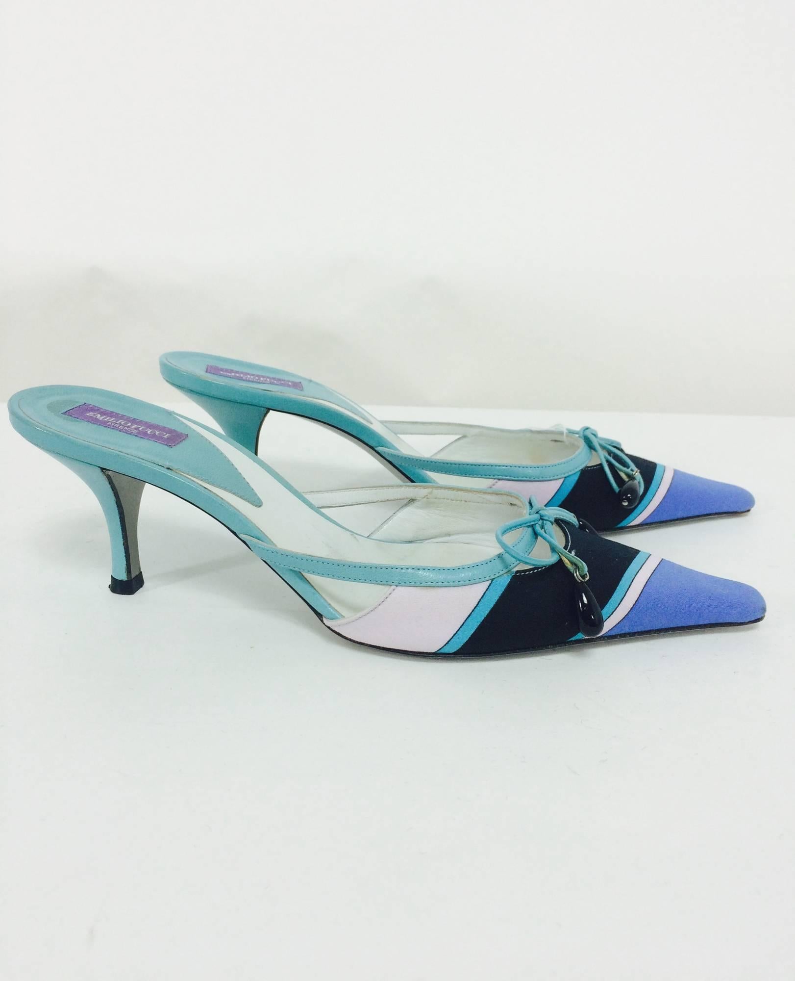 Gray Pucci blue & aqua silk print bow & bead front high heel mules 36 1/2 