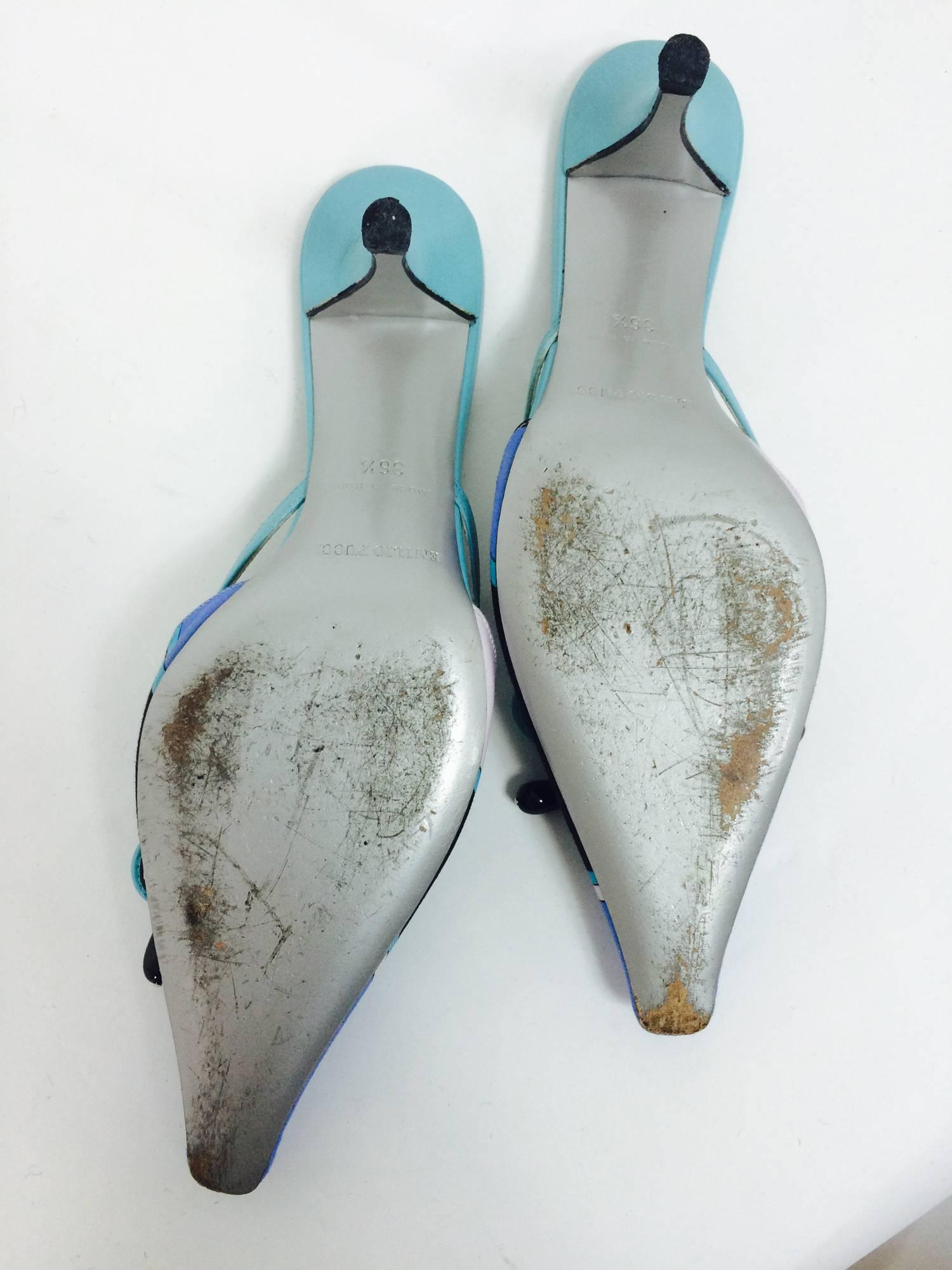 Women's or Men's Pucci blue & aqua silk print bow & bead front high heel mules 36 1/2 