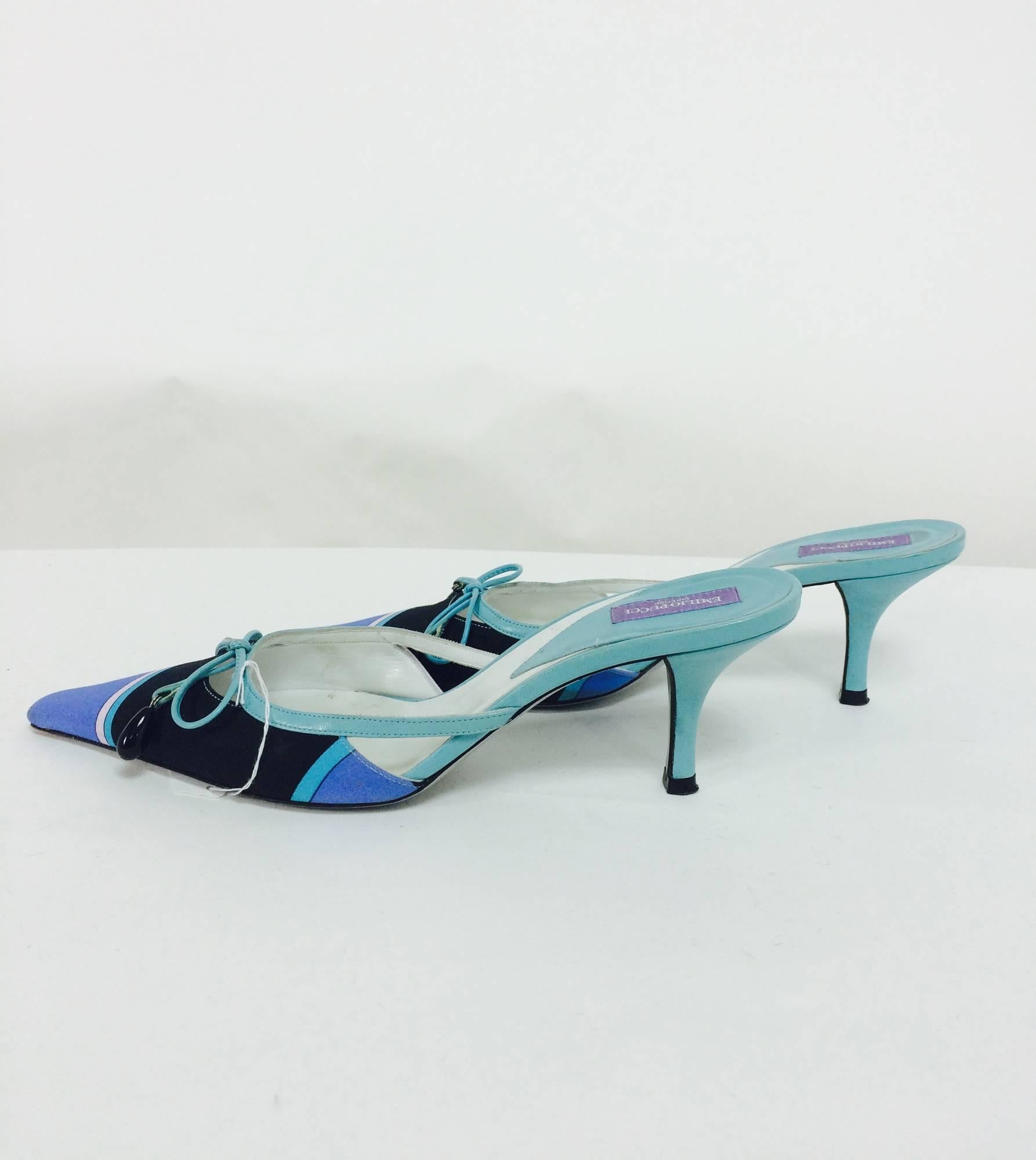 Pucci blue & aqua silk print bow & bead front high heel mules 36 1/2  1