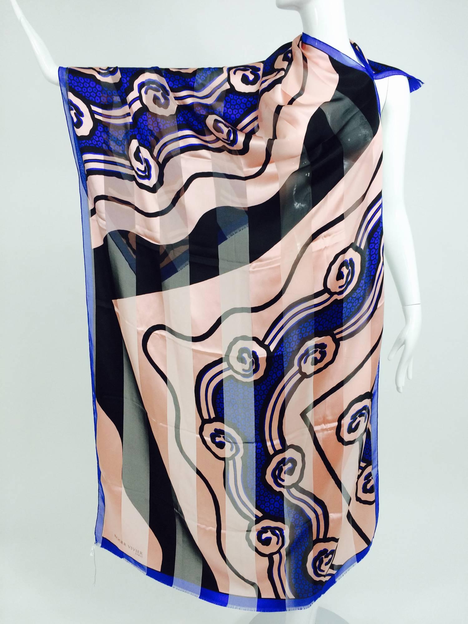 Vintage Roger Vivier Paris Art Deco design silk shawl 1990s...Beautiful design that echos the Art Deco period...Fine silk satin & silk chiffon are woven in wide stripes, printed in black, pink and electric blue...Hand rolled edge and narrow self