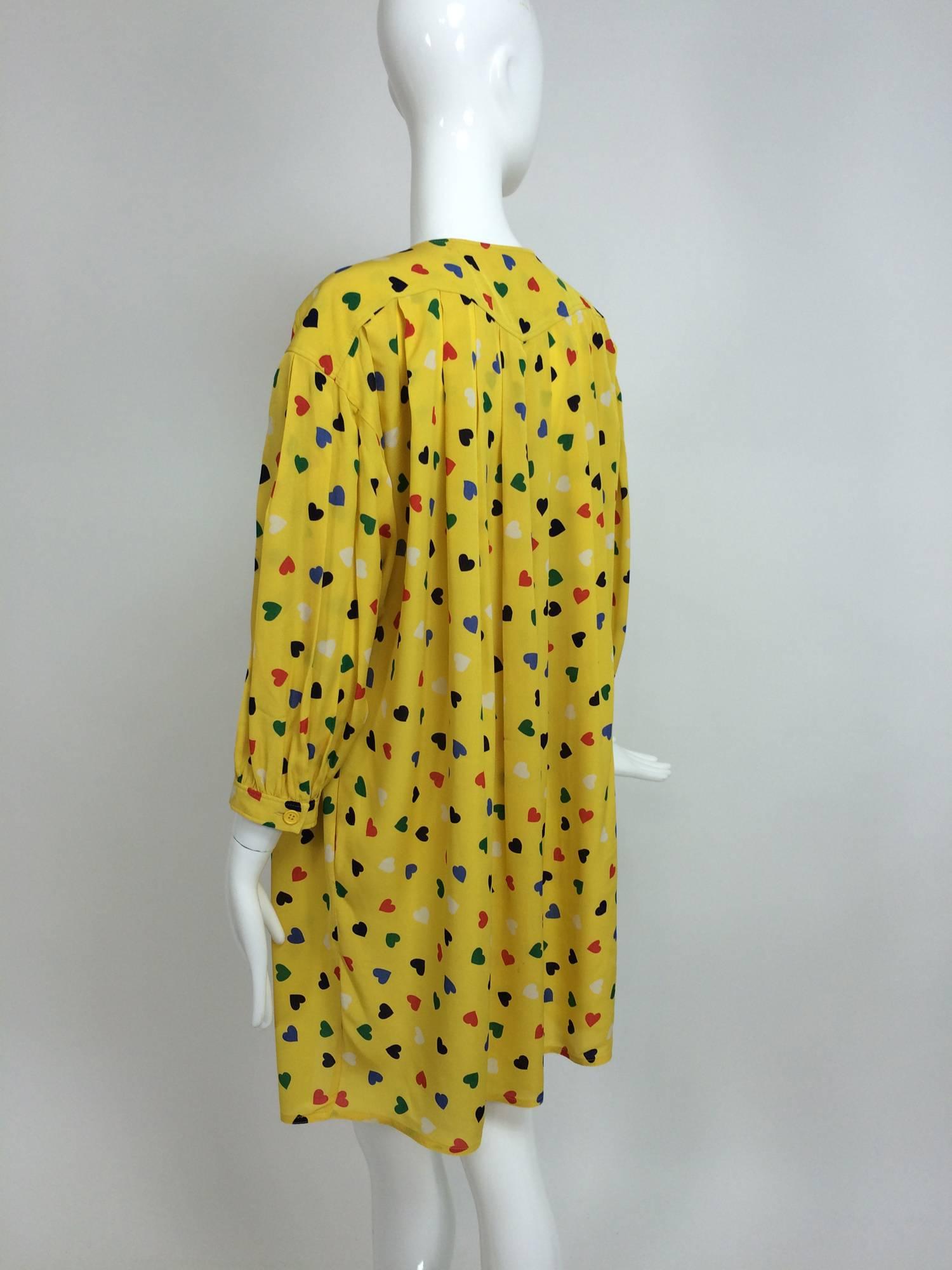 Vintage Ungaro coloured heart print yellow smock dress 1980s In Excellent Condition In West Palm Beach, FL