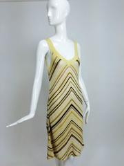 Oscar de la Renta yellow cream & brown chevron silk crochet tank dress
