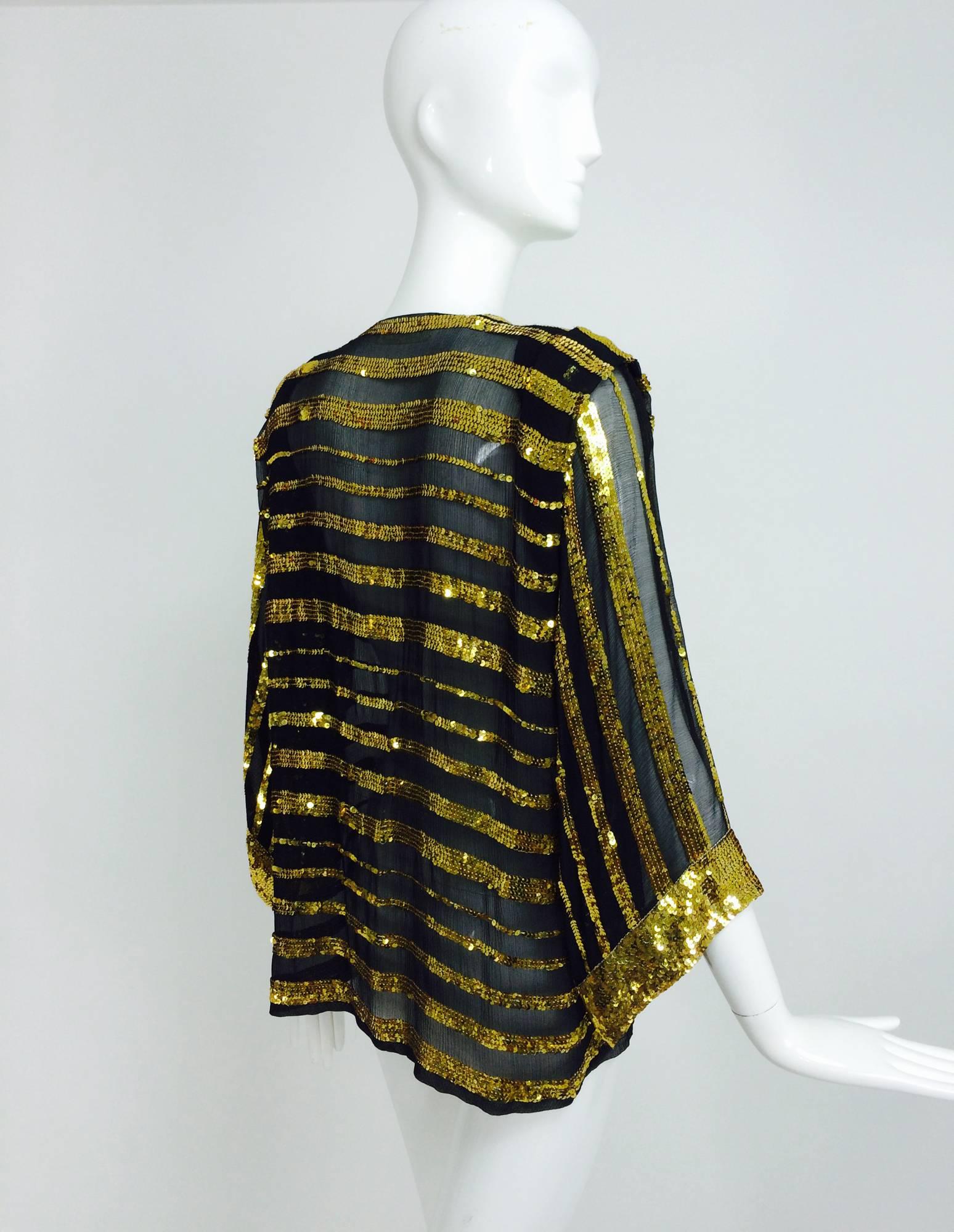 Vintage Sweelo black silk and gold sequin kimono style jacket 1970s unworn In New Condition In West Palm Beach, FL