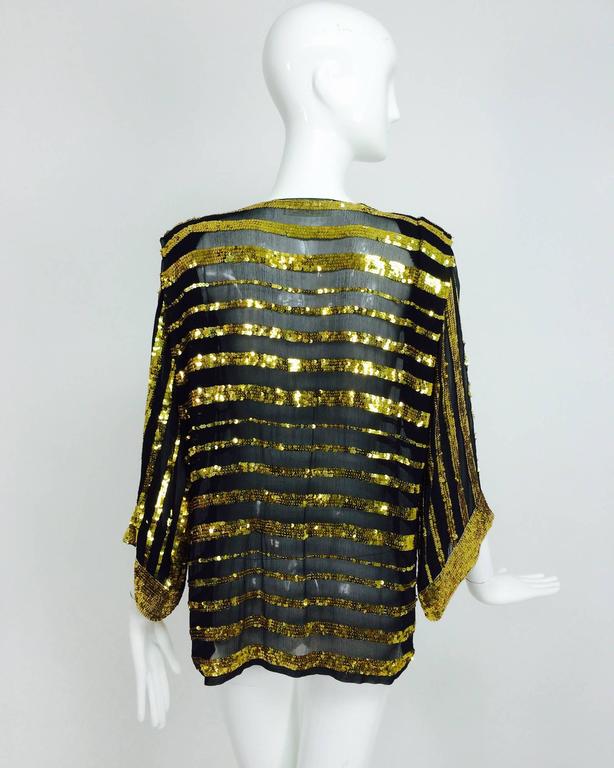 Women's Vintage Sweelo black silk and gold sequin kimono style jacket 1970s unworn