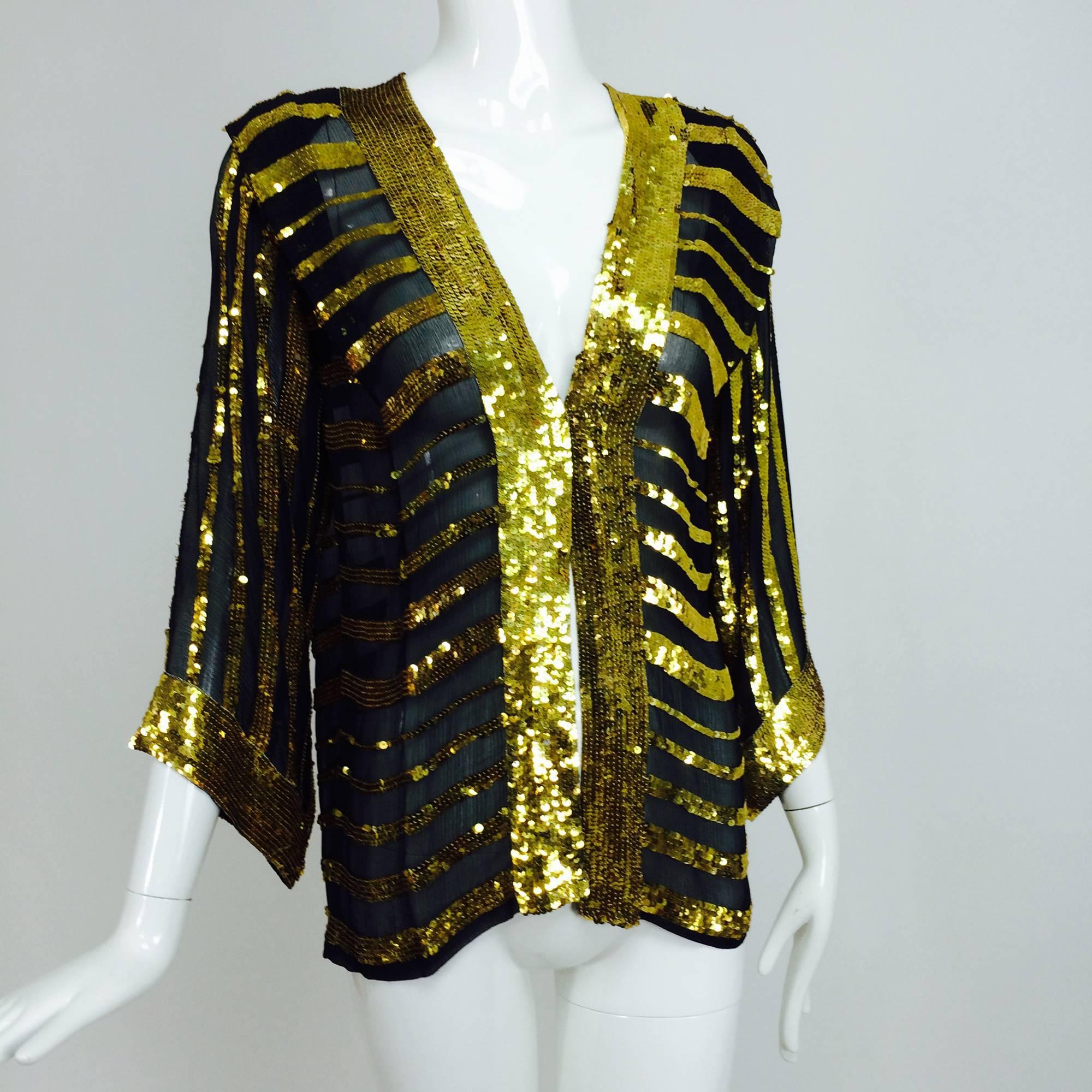 Vintage Sweelo black silk and gold sequin kimono style jacket 1970s unworn 4