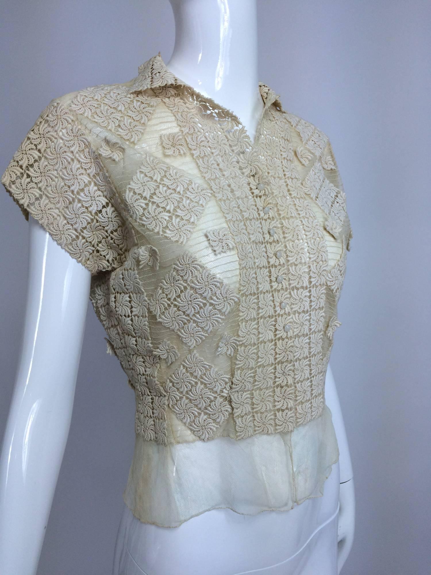 Gray Vintage sheer cream cotton tulle & lace button front short sleeve blouse 1930s