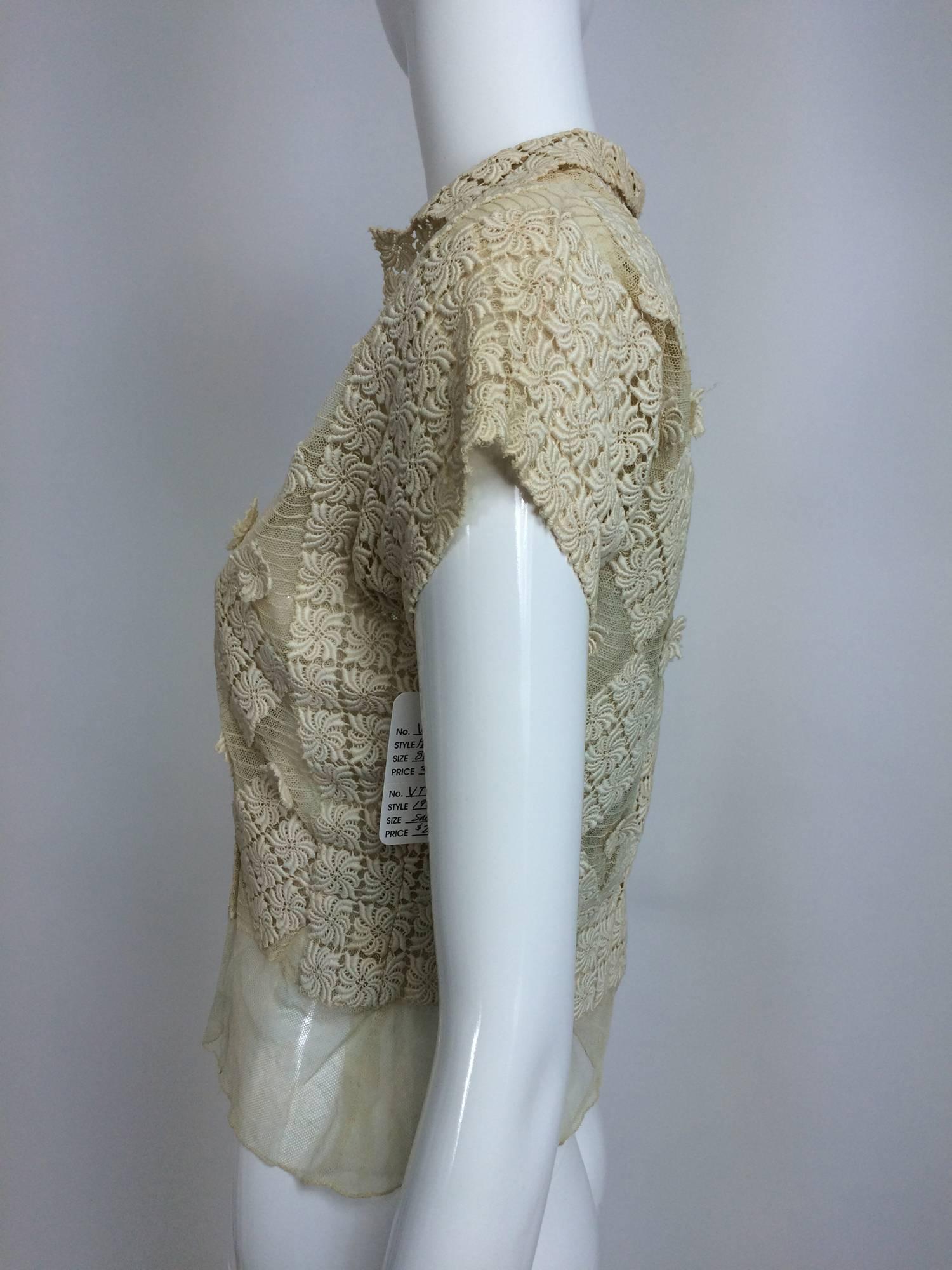 Women's Vintage sheer cream cotton tulle & lace button front short sleeve blouse 1930s