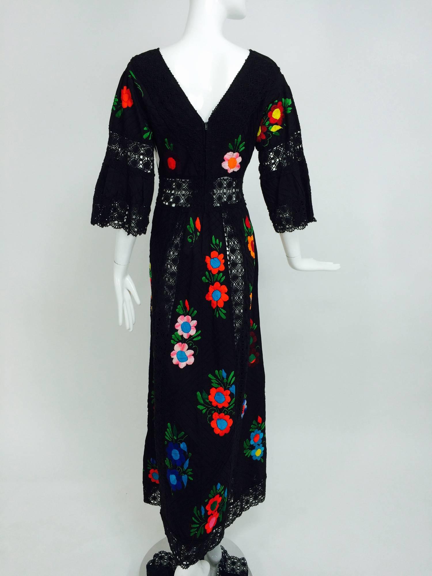 Black Vintage colourfully embroidered black cotton & lace Mexican maxi dress 1970s