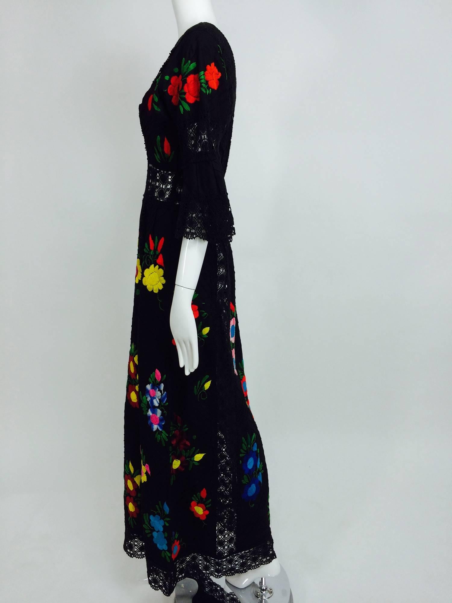 Women's Vintage colourfully embroidered black cotton & lace Mexican maxi dress 1970s