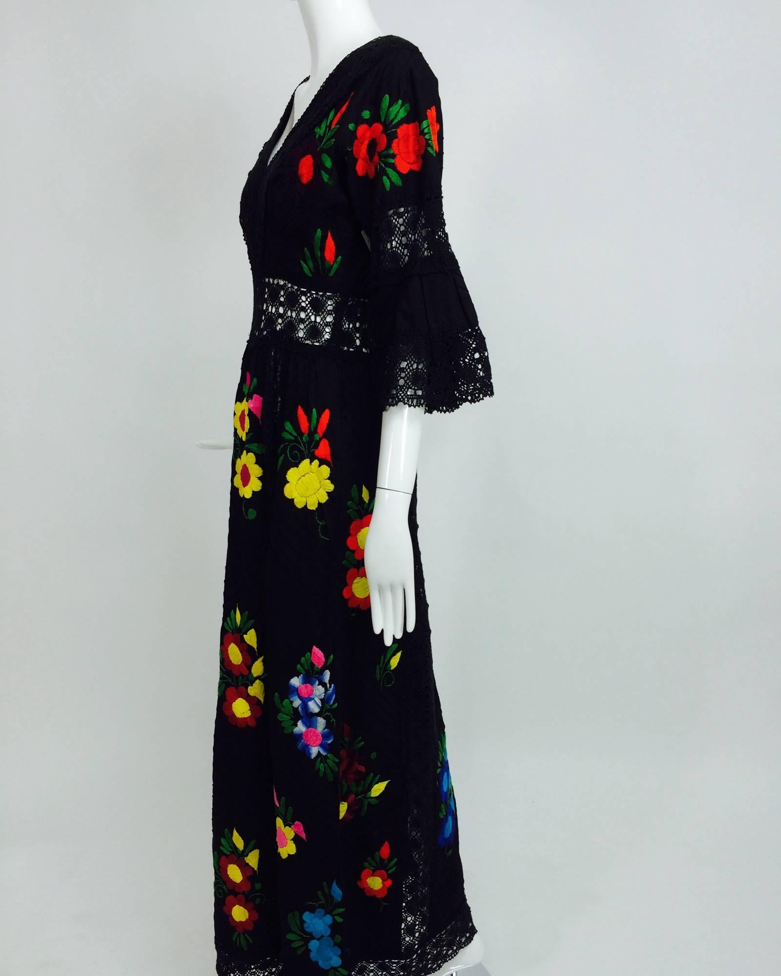 Vintage colourfully embroidered black cotton & lace Mexican maxi dress 1970s 1