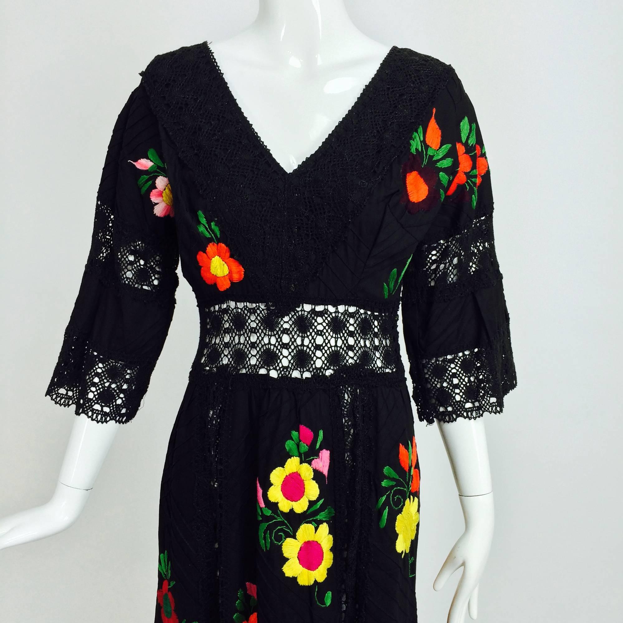 Vintage colourfully embroidered black cotton & lace Mexican maxi dress 1970s 2