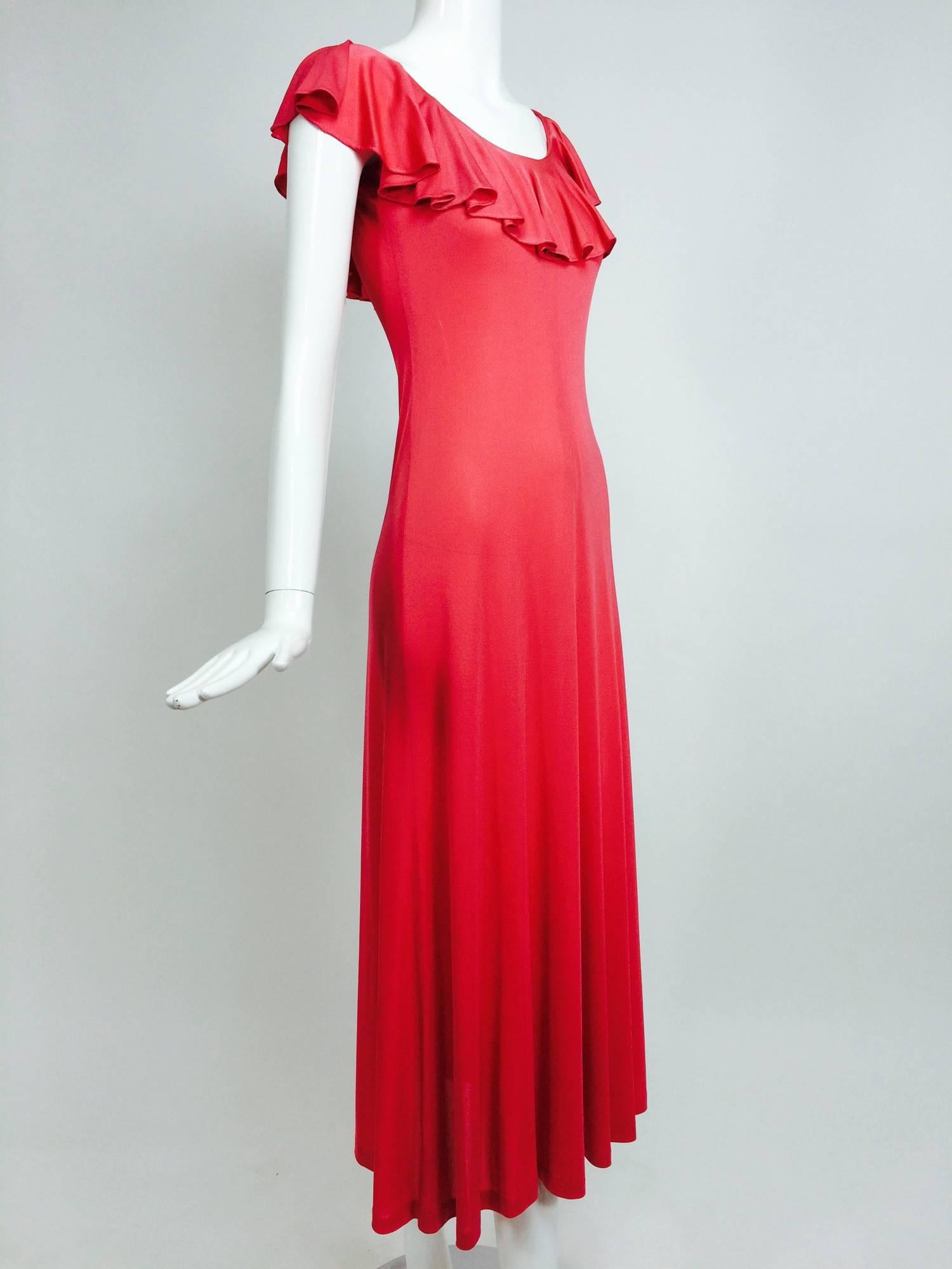 Red Emilio Pucci coral silk jersey deep ruffle shoulder maxi dress 1960s