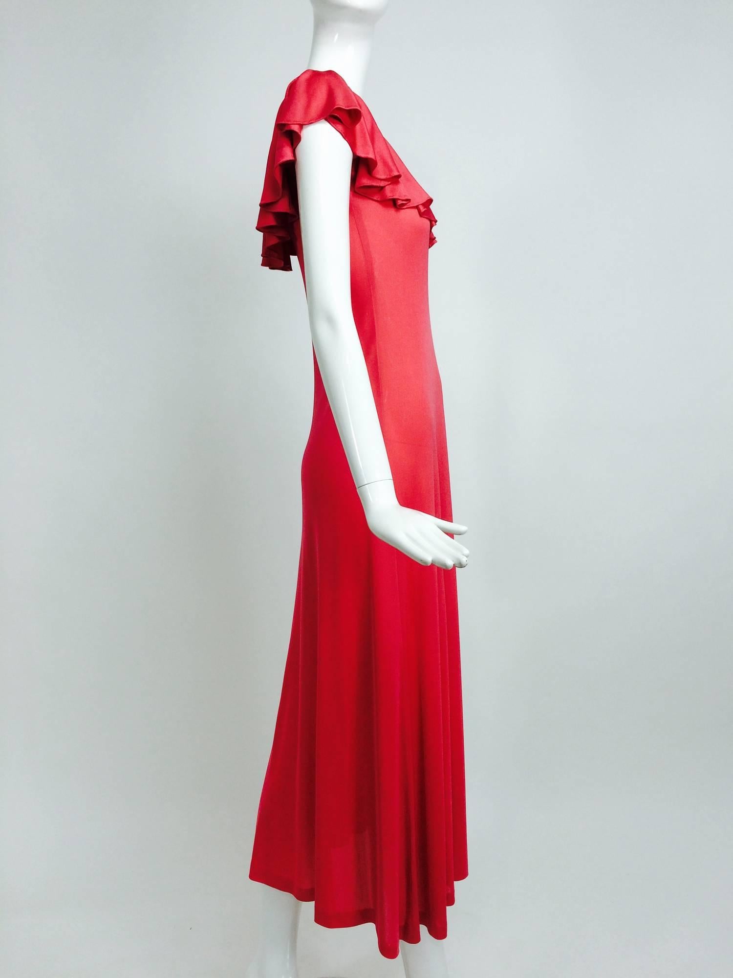 Emilio Pucci coral silk jersey deep ruffle shoulder maxi dress 1960s In Excellent Condition In West Palm Beach, FL