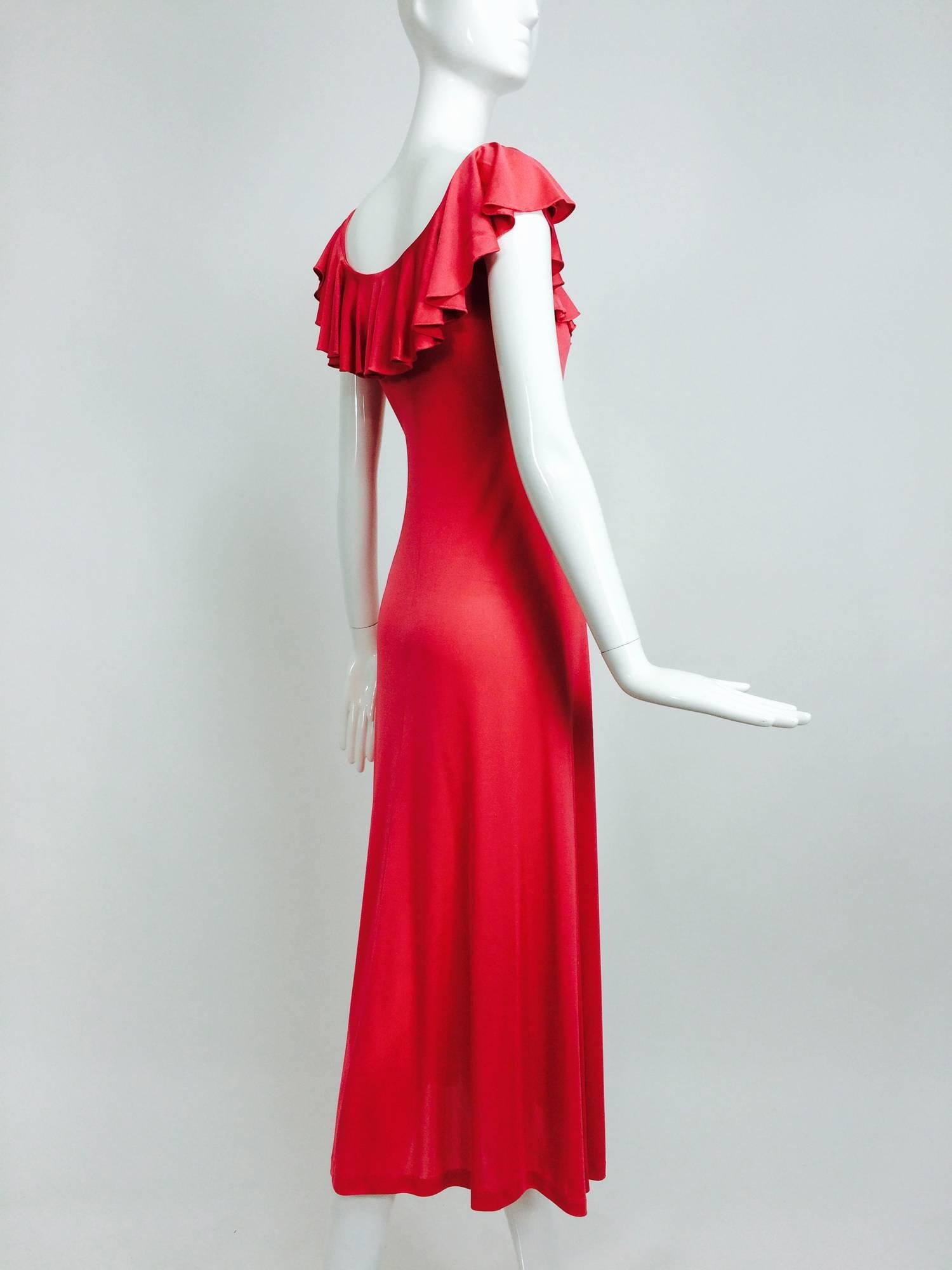 Women's Emilio Pucci coral silk jersey deep ruffle shoulder maxi dress 1960s